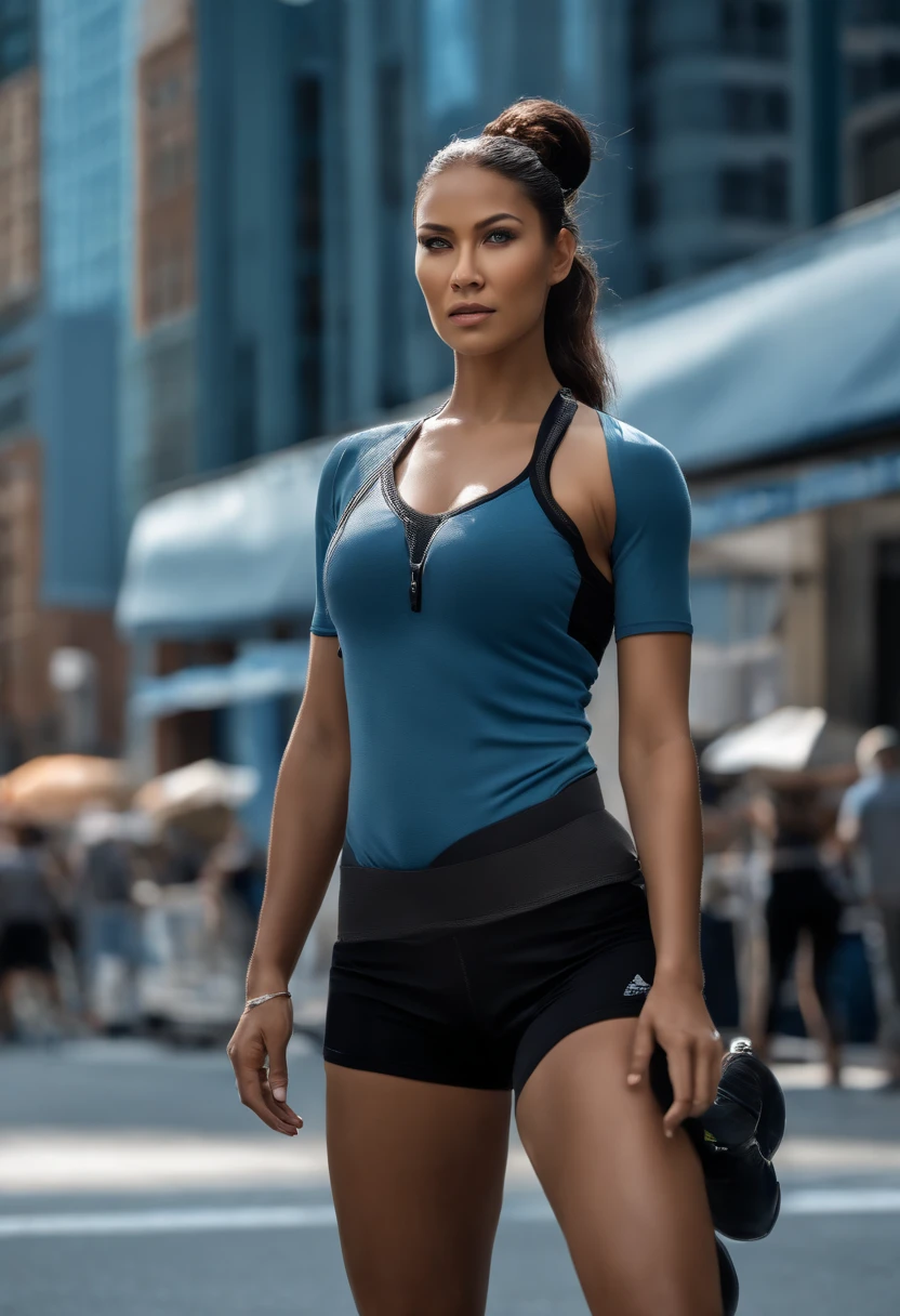 Blue eyes, Masterpiece, Best Quality, 8K, Photographic Reality, Realistic, Octane Rendering, Bustling Urban Streets of CHicago (1 Woman: 1.4), (Only One Woman on the Screen: 1.3), (Grey Shirt), (Black Hair in Ponytail), (Black shorts), (silver teardrop pendant), (Blue Eyes) Upper Body Display (Asian-American) (Fit, Athletic, Tall, muscular, strong)(Small Breasts) (Frost Giant), (Superpowered girl)