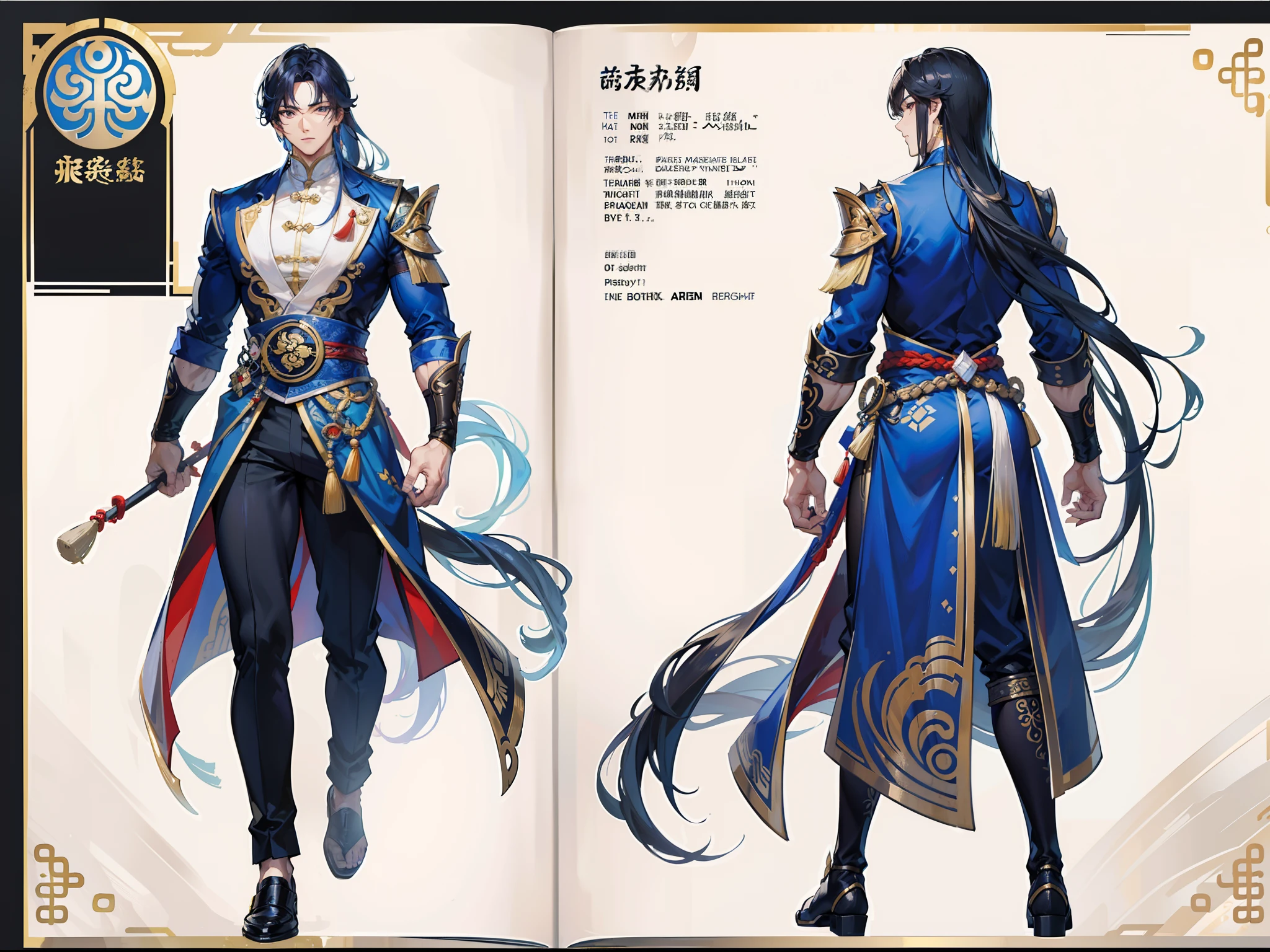 ((Masterpiece, Highest quality)), Male, boy, Detailed face, character design sheet， full bodyesbian, Full of details, frontal body view, back body view, Highly detailed, Depth, Many parts, Muscle boy with long brunnete hair with long bangs，handsome man, muscle body, Traditional chinese clothes, Genshin Impact, man tall