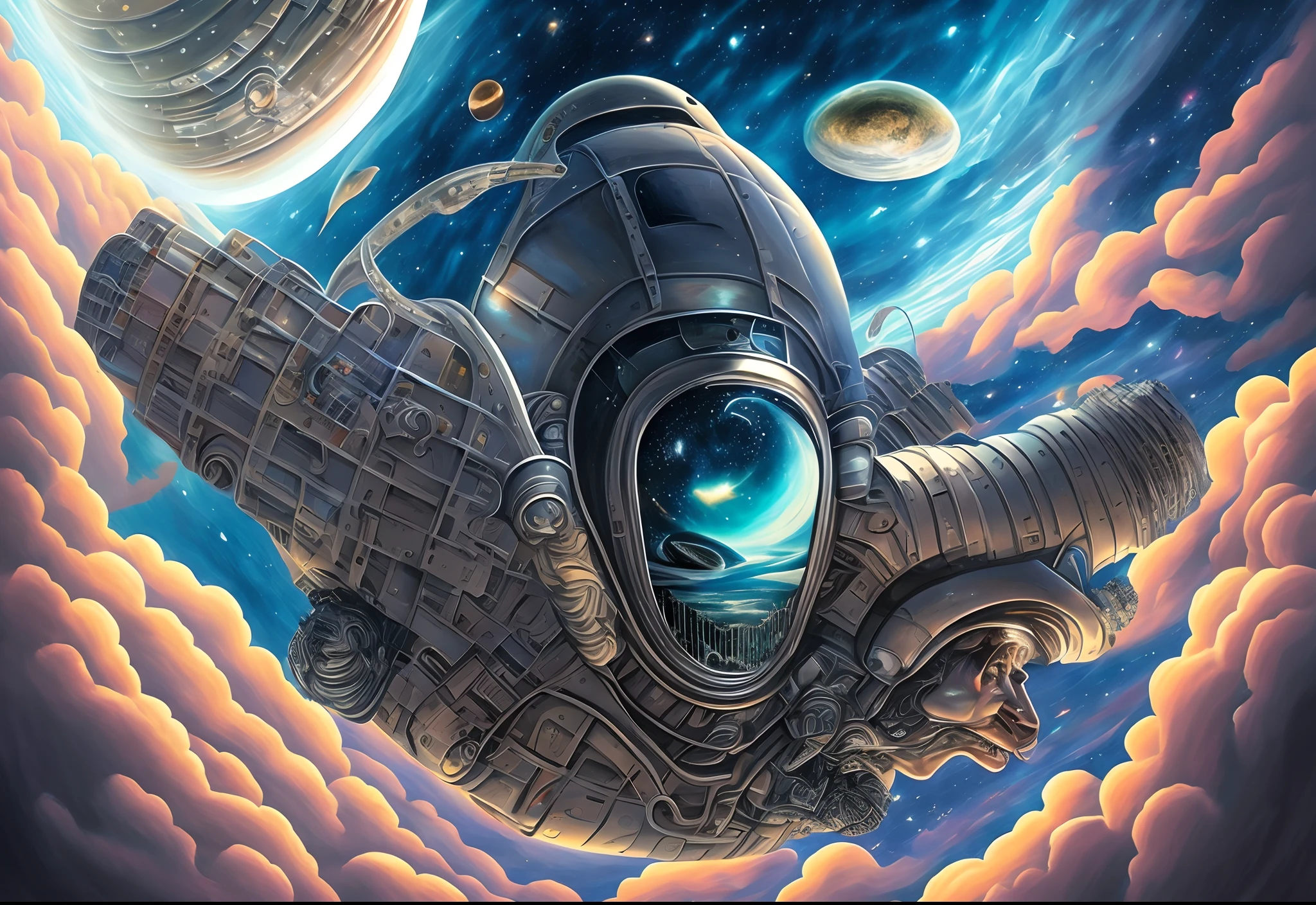 Describe a scene from an alien spaceship, com luzes estranhas, Abducting a Human Being Floating in Deep Space. oil-painting, estilo sci-fi, influence of H.R. Giger, Deviant Art, Detalhes surreais, alien illumination. --auto --s2