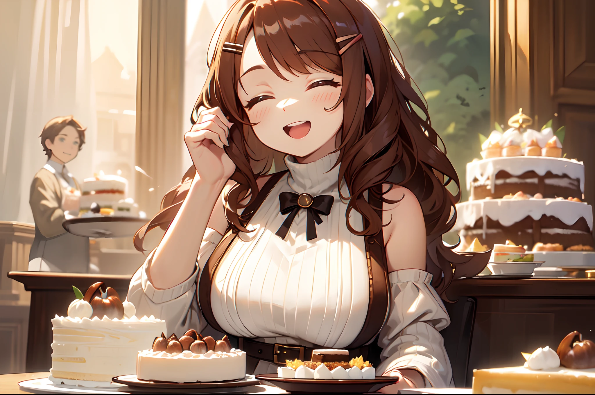 masterpiece,best quality,ultra detailed,8k,tall,big female,gigantic breasts,young,20 years old,medium hair,wavy hair,brown hair,hairclip,happy,smile,brown sweater,ribbed sweater,bare shoulders,detached sleeves,belt buckle,strapless,(huge cake:1.2),lots of cakes,(eat a cake:1.2),(chestnut cream cake:1.3),eating,open mouth,(giant chestnut cake:1.3),plate,cake,sitting,Close-up,