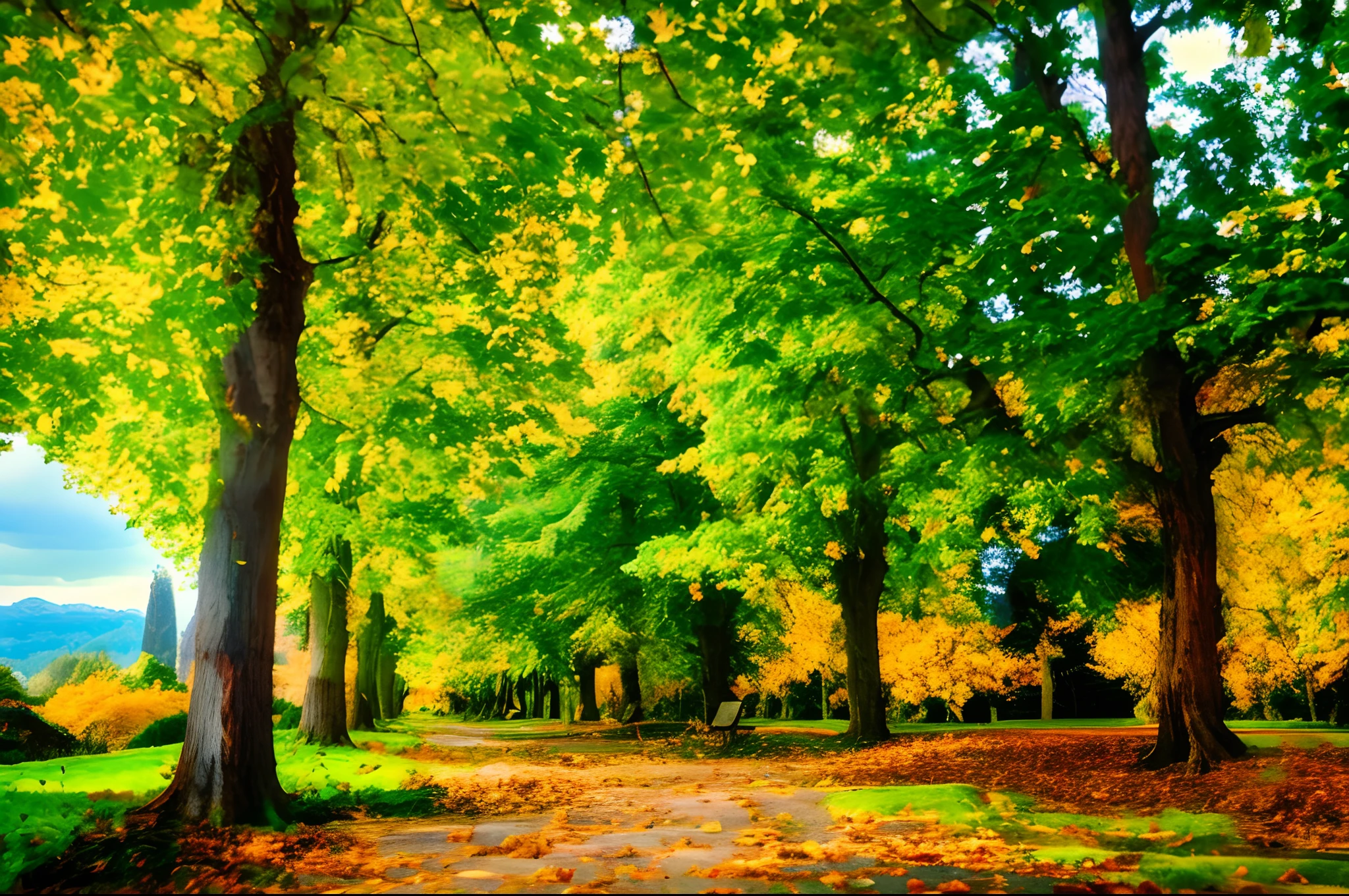 Trees on a park path with leaves on the ground々lined up, linden trees, trees with lots of leaves, park on a bright sunny day, sunny day in a park, maple trees along street, grassy autumn park outdoor, park landscape, Trees swaying to the beat々, beginning of autumn, green spaces, big green trees, lots of trees, Outside trees々