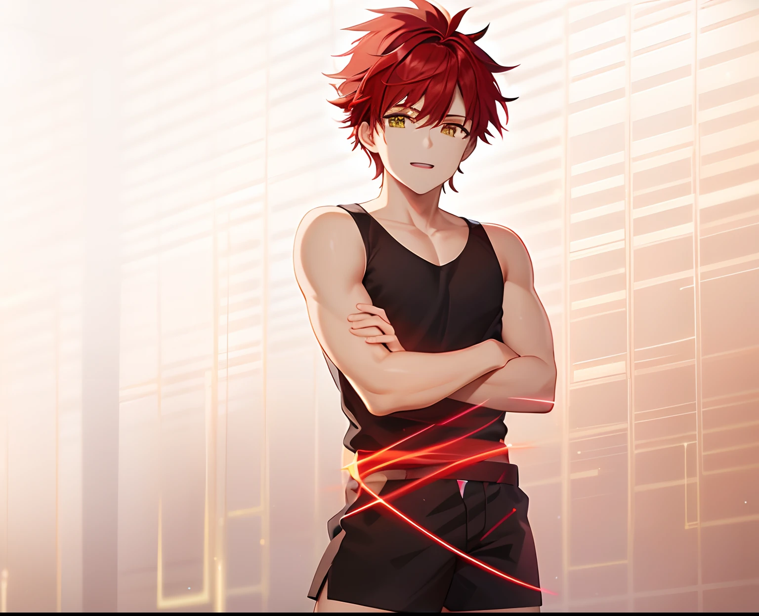 Anime Boy with Red Hair, male child, Classic Boy, Magical Boy Anime Mahou Shōnen, male child, Shonen romance, official fan art, Short red-haired boy with ponytail hair, Muscular men, masculine and muscular, (((((((no glow))))))), fanart, garments:Black tank top, Anime!!!!