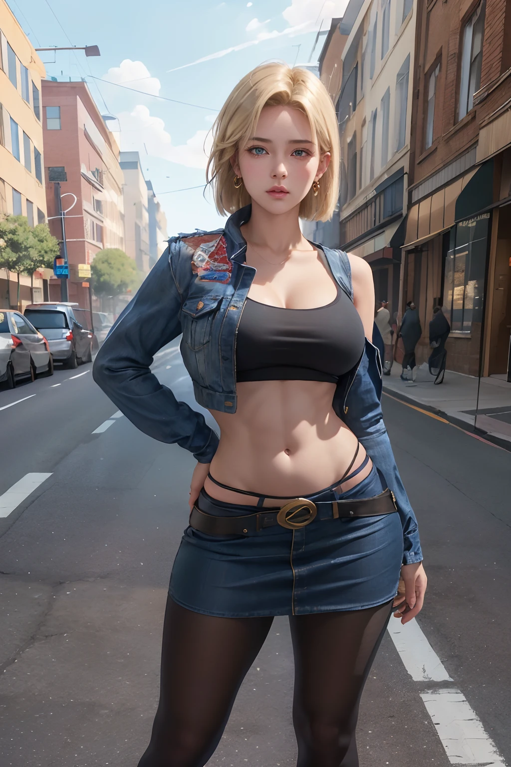 unparalleled masterpiece, ultra realistic 8k CG, perfect artwork, (1girl:1.1) , solo, ((perfect female figure)), (nsfw), looking at viewer, mature female, bimbo (android 18) standing, (teasing), best quality:1.1 , seductive posture, sexy pose, alluring, (beautiful), (curvy), (thick), blonde hair, (blue eyes:1.2), short hair, earrings, jewelry, denim vest, open vest, black pantyhose, black shirt, denim skirt, striped long sleeves, blue skirt, toned legs, fit, (abs:1.1), (big butt:1.4), peach ass, (athletic body:1.2), (large breasts:1.3, (big_breasts:1.1), wide_hips:1.5, narrow waist, small waist:1.5, slender body:1.2, thick thighs:1.3), (shiny skin:1.2), (hdr), (street:1.2), Nikon D850 film stock photograph Kodak Portra 400 camera f1.6 lens, rich colors, lifelike texture, dramatic lighting, unreal engine, trending on ArtStation, by Gerald Brom, by Frank Frazetta, by Luis Royo, by Julie Bell, by Boris Vallejo