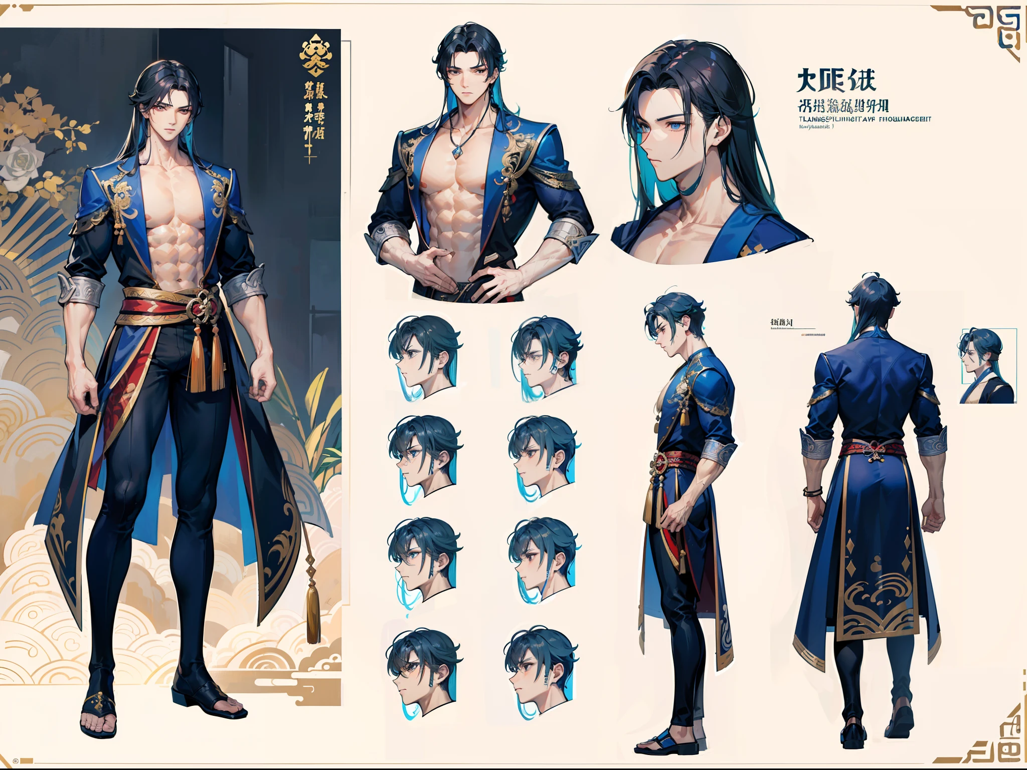 ((Masterpiece, Highest quality)), Male, boy, Detailed face, character design sheet, full bodyesbian, Full of details, frontal body view, back body view, Highly detailed, Depth, Many parts, Muscle boy with long brunnete hair with long bangs,handsome man, muscle body, Traditional chinese clothes, Genshin Impact, man tall, pectoral muscles, abs