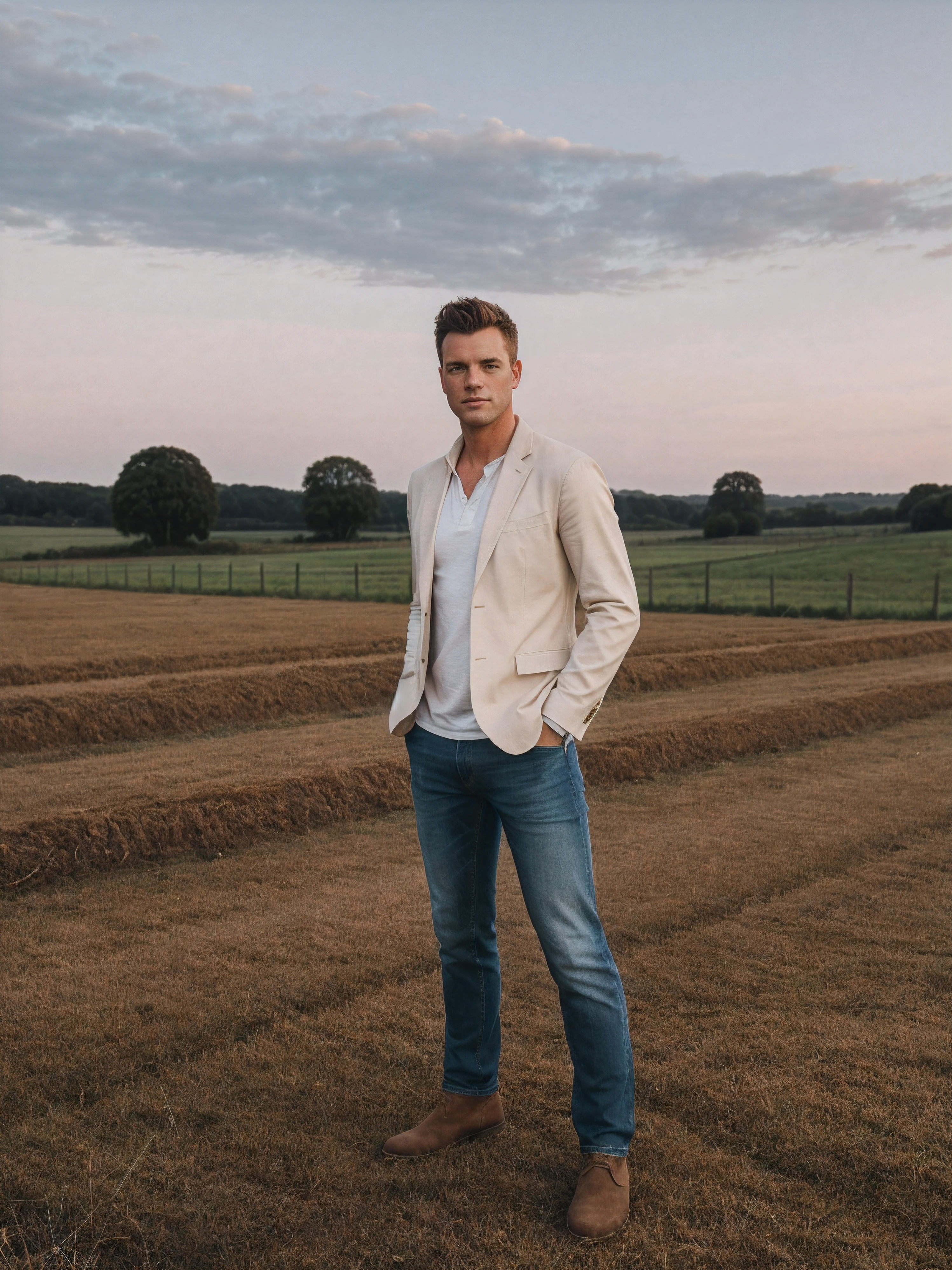 (full length shot) photo of matthew_bosch standing on a farm wearing well-fitted smart casual clothes, wearing earth-toned , crisp white shirt, blazer, dark denim jeans, stylish sturdy boots, respectful and grounded mood, soft early morning light, warm glow, dawn