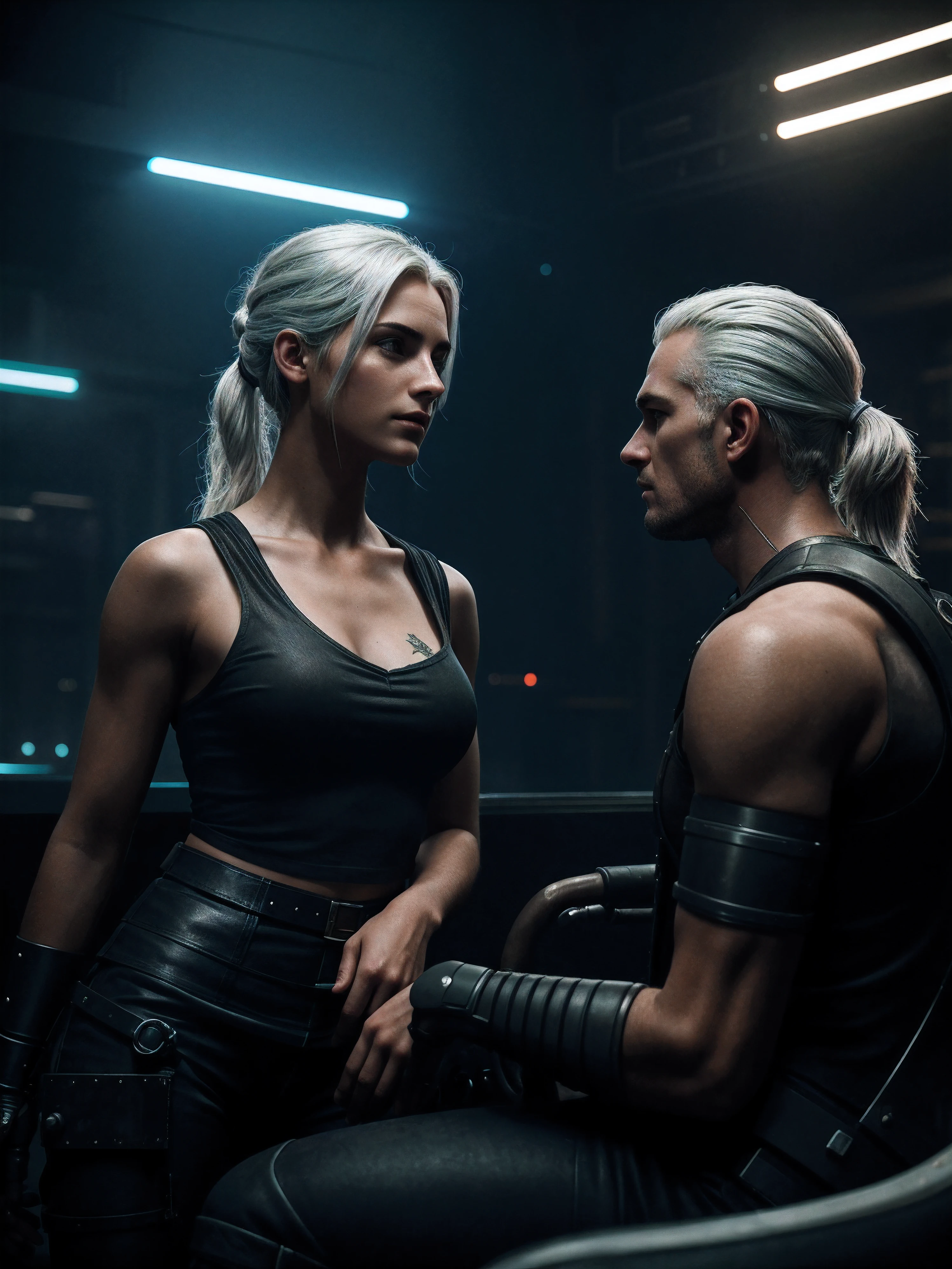 2 people, 1girl, 1boy, geralt and ciri, trousers, white t-shirt, cyberware, bionic limbs, metalic ribs, (cyberpunk:1.2), futuristic, dystopia, bare shoulders, masterpiece, best quality, sitting, alcohol, facing each other, dust, light particles, indoors, destroyed bar, face close up shot, hard lines, drawn, illustration