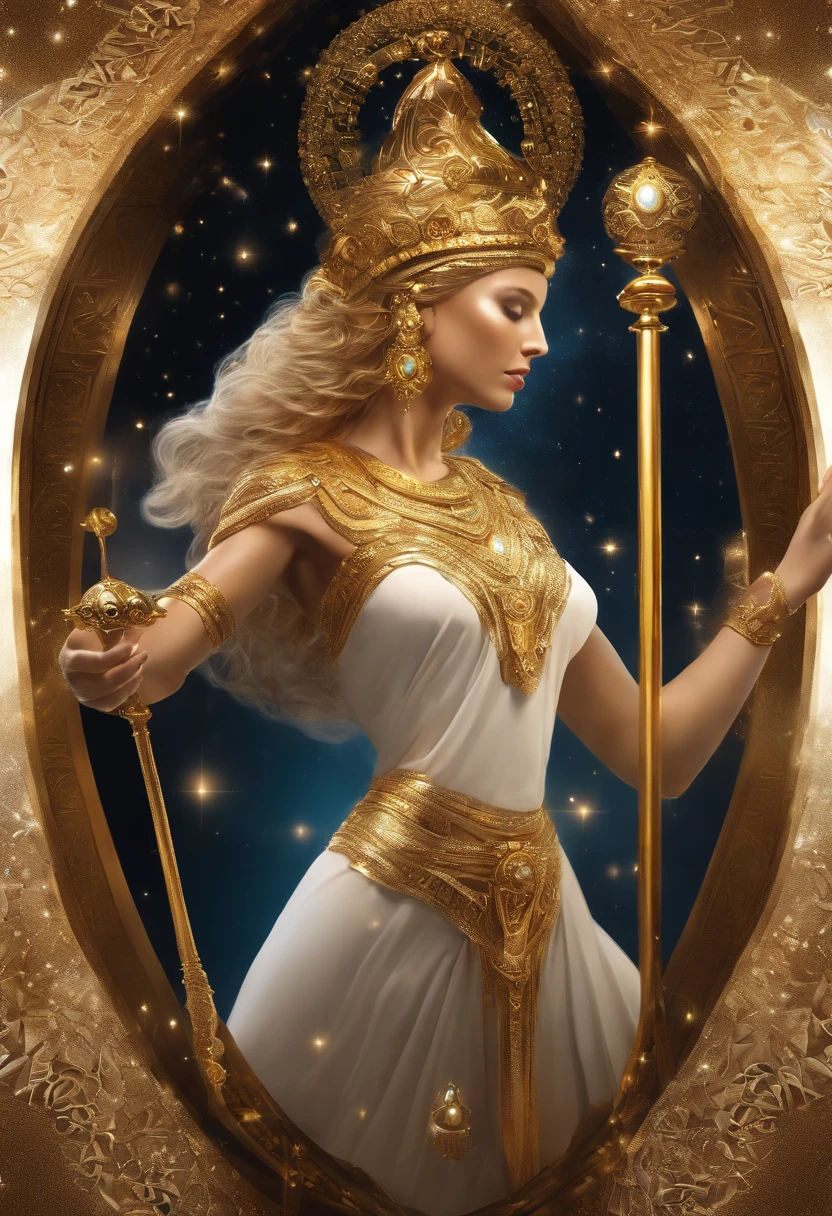 Goddess Themis of Cosmic Justice, olhos vendados com um pano dourado, Biomechanicals, incrivel, assustador, pesadelo, cores muito brilhantes, light particles, com luz brilhante, Mshiff, Arte do papel de parede, corpo perfeito vestido branco