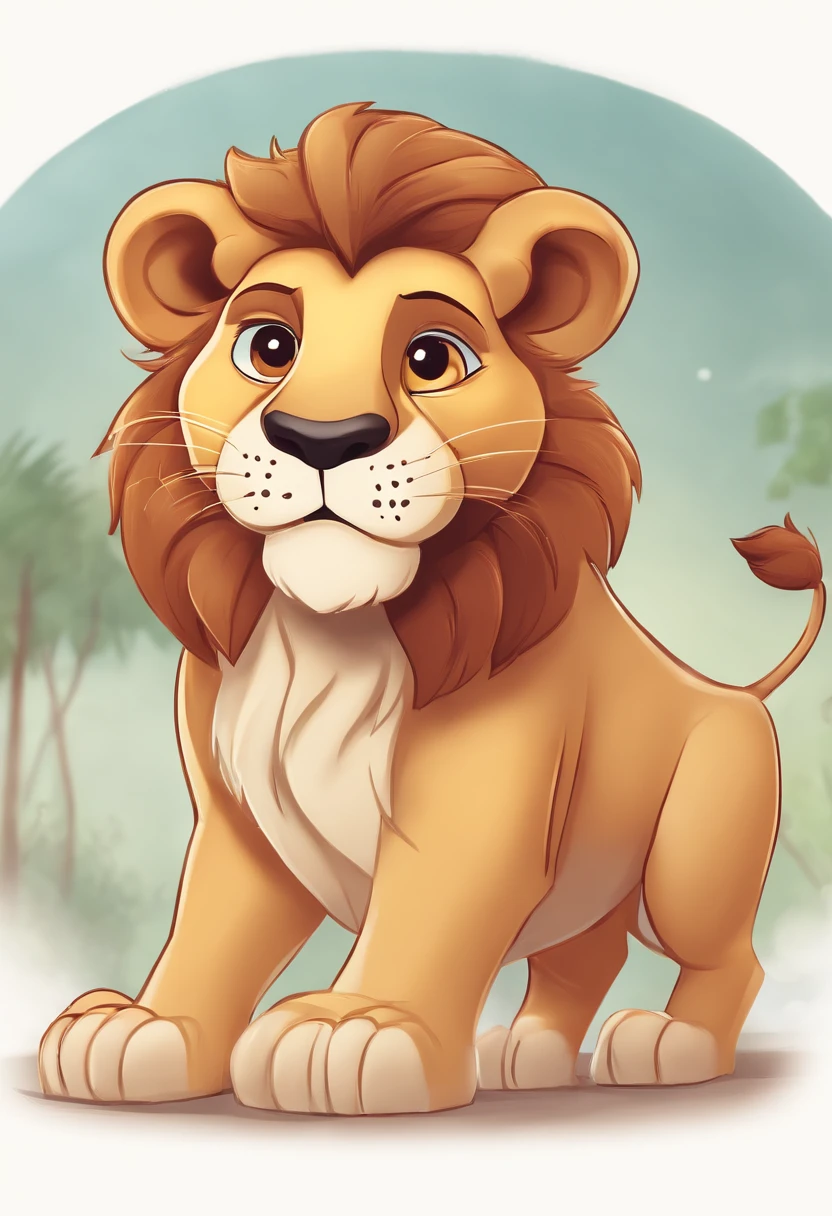 Good cartoon lion for children's cartoons on white background, poorly fed lion, malnourished lion.