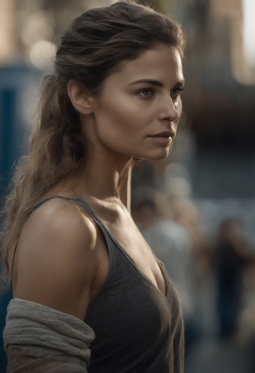 Blue eyes, , Masterpiece, Best Quality, 8K, Photographic Reality, Realistic, Octane Rendering, Bustling Urban Streets of CHicago (1 Woman: 1.4), (Only One Woman on the Screen: 1.3), (Grey Shirt), (Black Hair in Ponytail), (Black shorts), (silver teardrop pendant), (Blue Eyes) Upper Body Display (Asian-American) (Fit, Athletic, Tall, muscular, strong)(Small Breasts) (Frost Giant), (Superpowered girl)