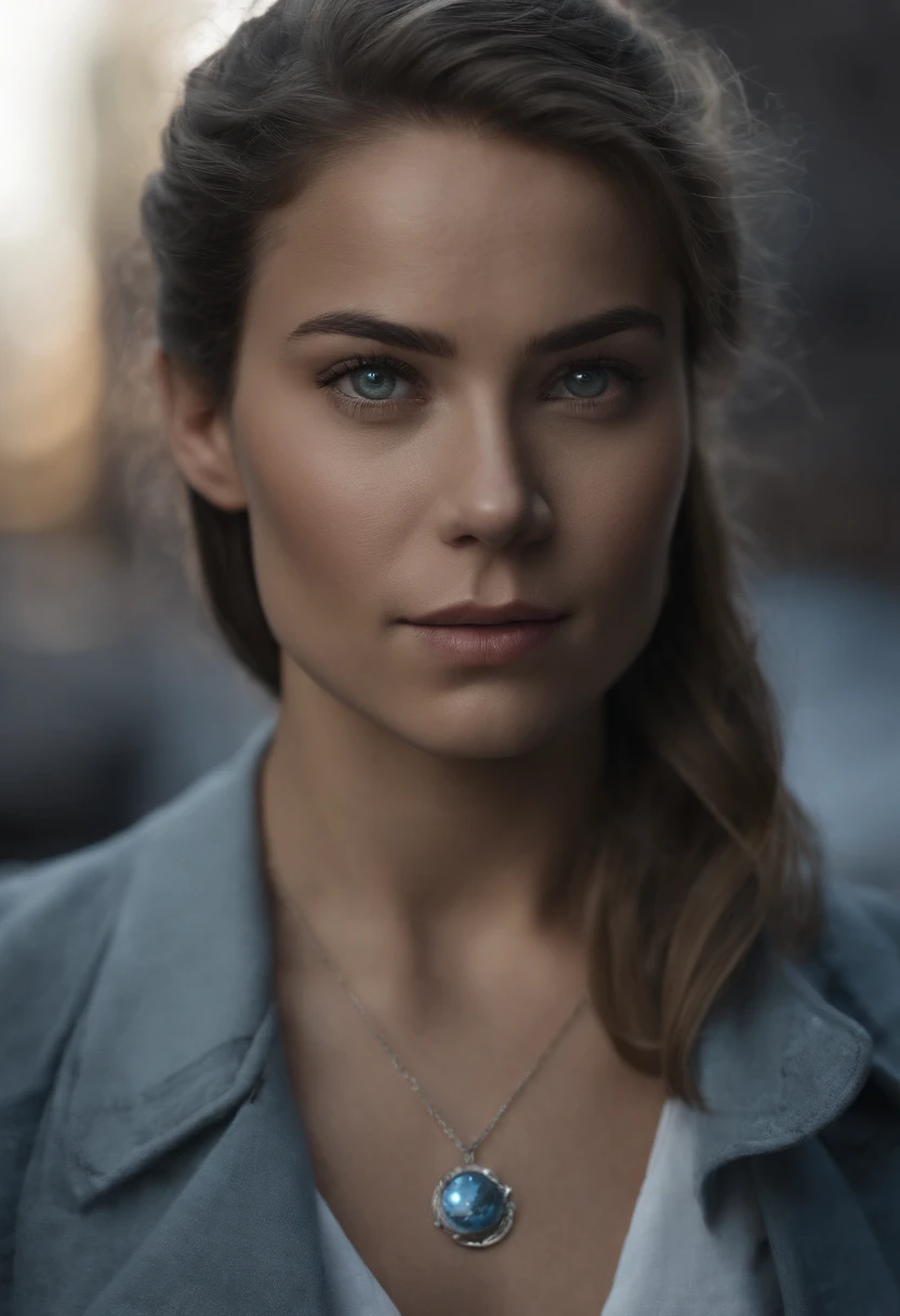 Blue eyes, , Masterpiece, Best Quality, 8K, Photographic Reality, Realistic, Octane Rendering, Bustling Urban Streets of CHicago (1 Woman: 1.4), (Only One Woman on the Screen: 1.3), (Grey Shirt), (Black Hair in Ponytail), (Black shorts), (silver teardrop pendant), (Blue Eyes) Upper Body Display (Asian-American) (Fit, Athletic, Tall, muscular, strong)(Small Breasts) (Frost Giant), (Superpowered girl)