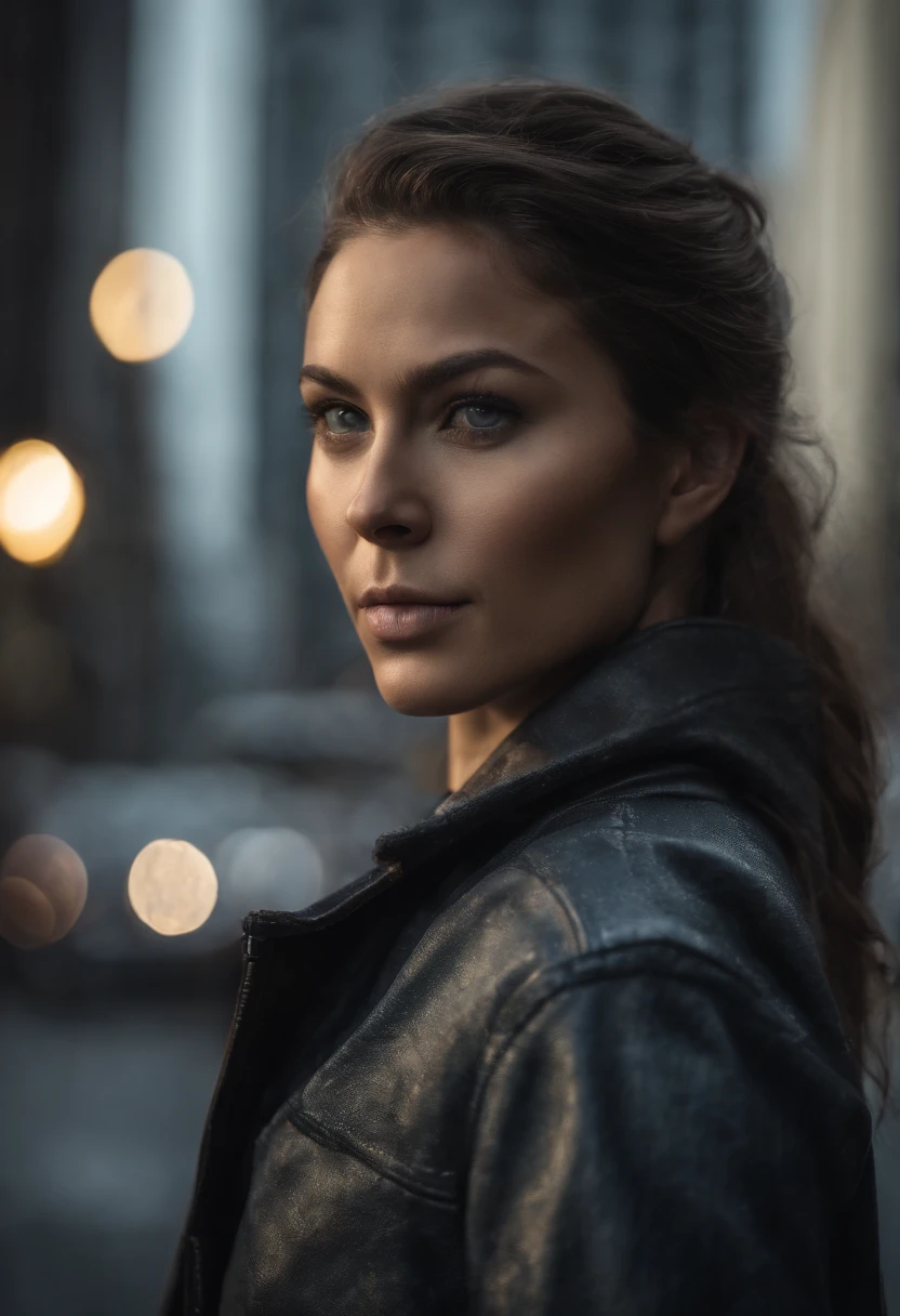 Blue eyes, teen girl, Masterpiece, Best Quality, 8K, Photographic Reality, Realistic, Octane Rendering, Bustling Urban Streets of CHicago (1 Woman: 1.4), (Only One Woman on the Screen: 1.3), (Grey Shirt), (Black Hair in Ponytail), (Black shorts), (silver teardrop pendant), (Blue Eyes) Upper Body Display (Asian-American) (Fit, Athletic, Tall, muscular, strong)(Small Breasts) (Frost Giant), (Superpowered girl)