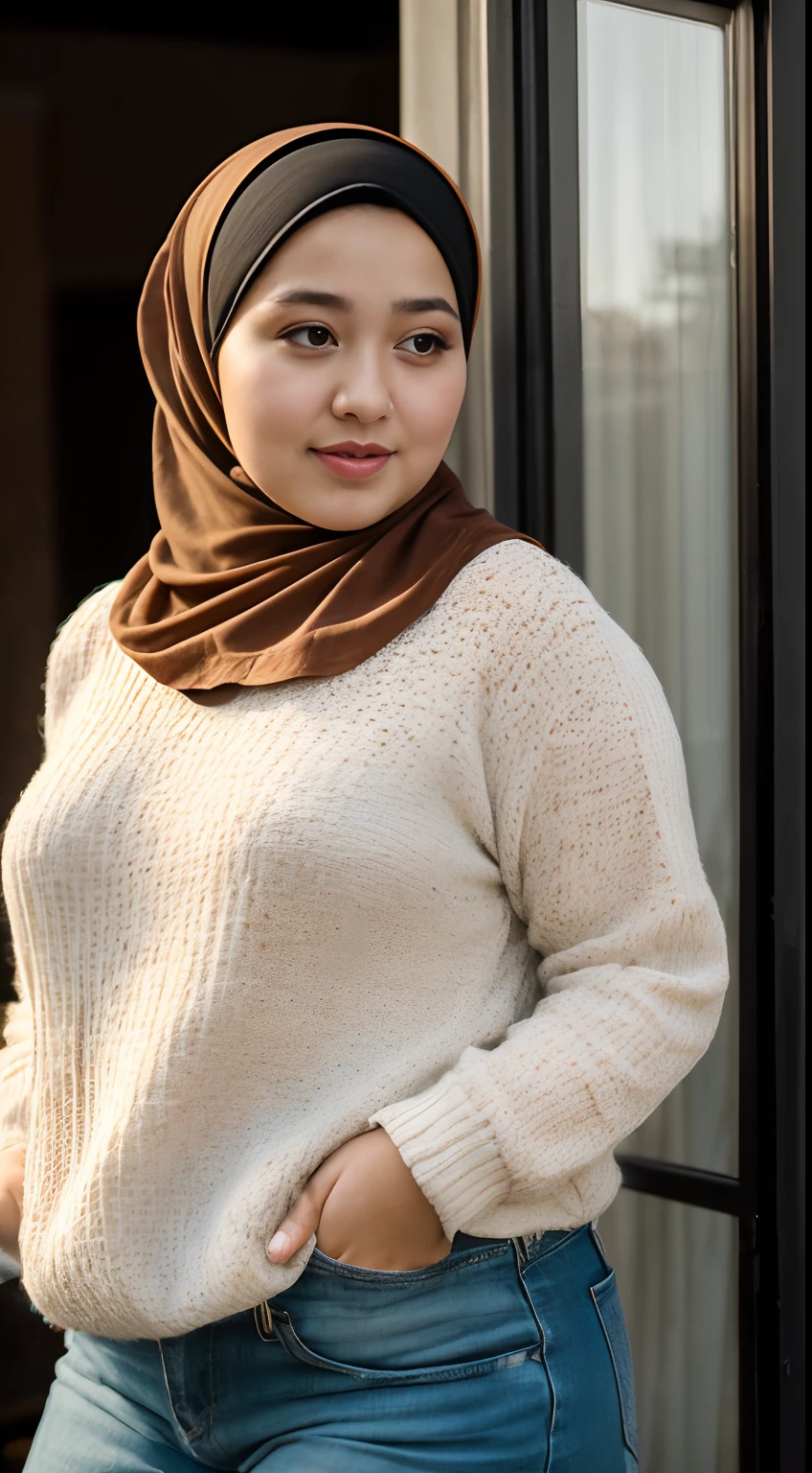 (best quality,4k,highres,masterpiece:1.2),(realistic:1.37),casual photography,in the morning,woman hijab,chubby face,hair cut,daisy dukes,at the front house,curvaceous,voluptuous,portraits,warm tones,soft lighting