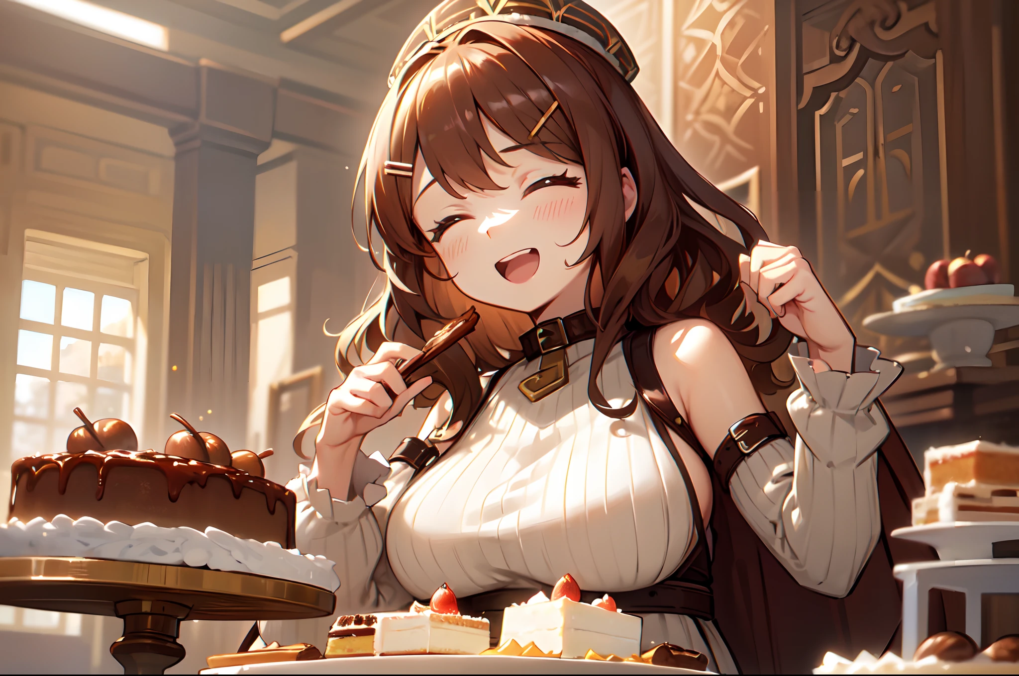 masterpiece,best quality,ultra detailed,8k,tall,big female,gigantic breasts,young,20 years old,medium hair,wavy hair,brown hair,hairclip,happy,smile,brown sweater,ribbed sweater,bare shoulders,detached sleeves,belt buckle,strapless,(huge cake:1.2),lots of cakes,(eat a cake:1.2),(chestnut cream cake:1.3),eating,open mouth,(giant chestnut cake:1.3),plate,cake,sitting,Close-up,