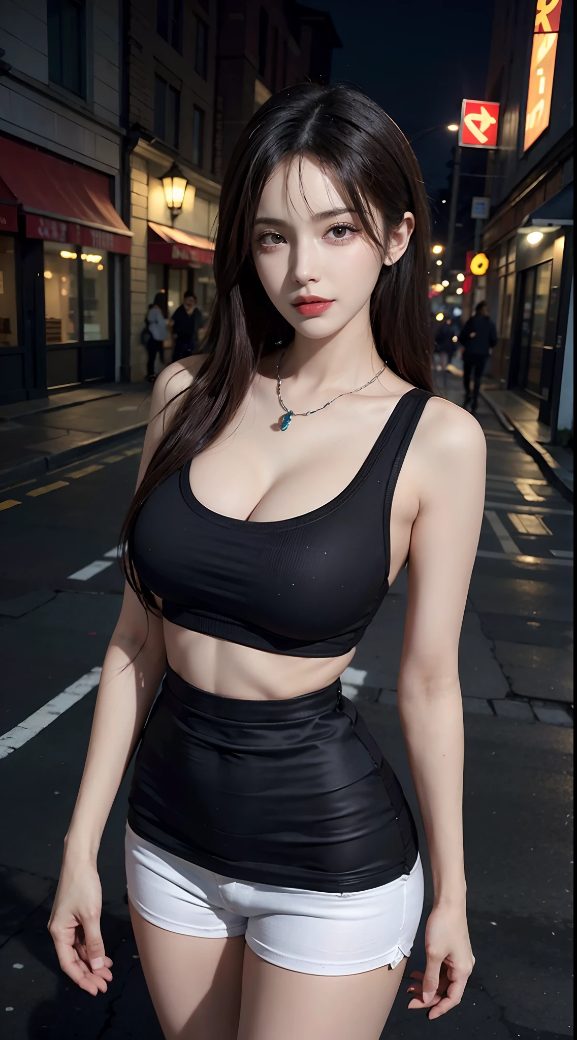 Urban beautiful girl college student, Masterpiece, Light makeup, Red lips, Silver hair, messy long hair, street background, beautiful, graceful. Ultra-fine details, Master Works, real texture, cinematic lighting realism, perfect work, 8K, High image quality, exquisite facial features, white tight open-cut top, transparent white tight shorts, slender fit body, bright big eyes, smooth skin, Earrings, necklaces, tattooed