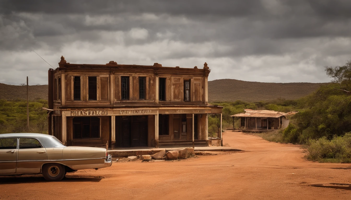 A ghost town with abandoned buildings and a mysterious atmosphere, um antigo saloon do Velho Oeste, destacando a arquitetura do passado, A photo of ruined buildings, Emphasizing the Decay of Ghost Towns, A deserted road leading to the ghost town, Conveying the feeling of isolation, um livro aberto, simbolizando a busca por conhecimento sobre o tema