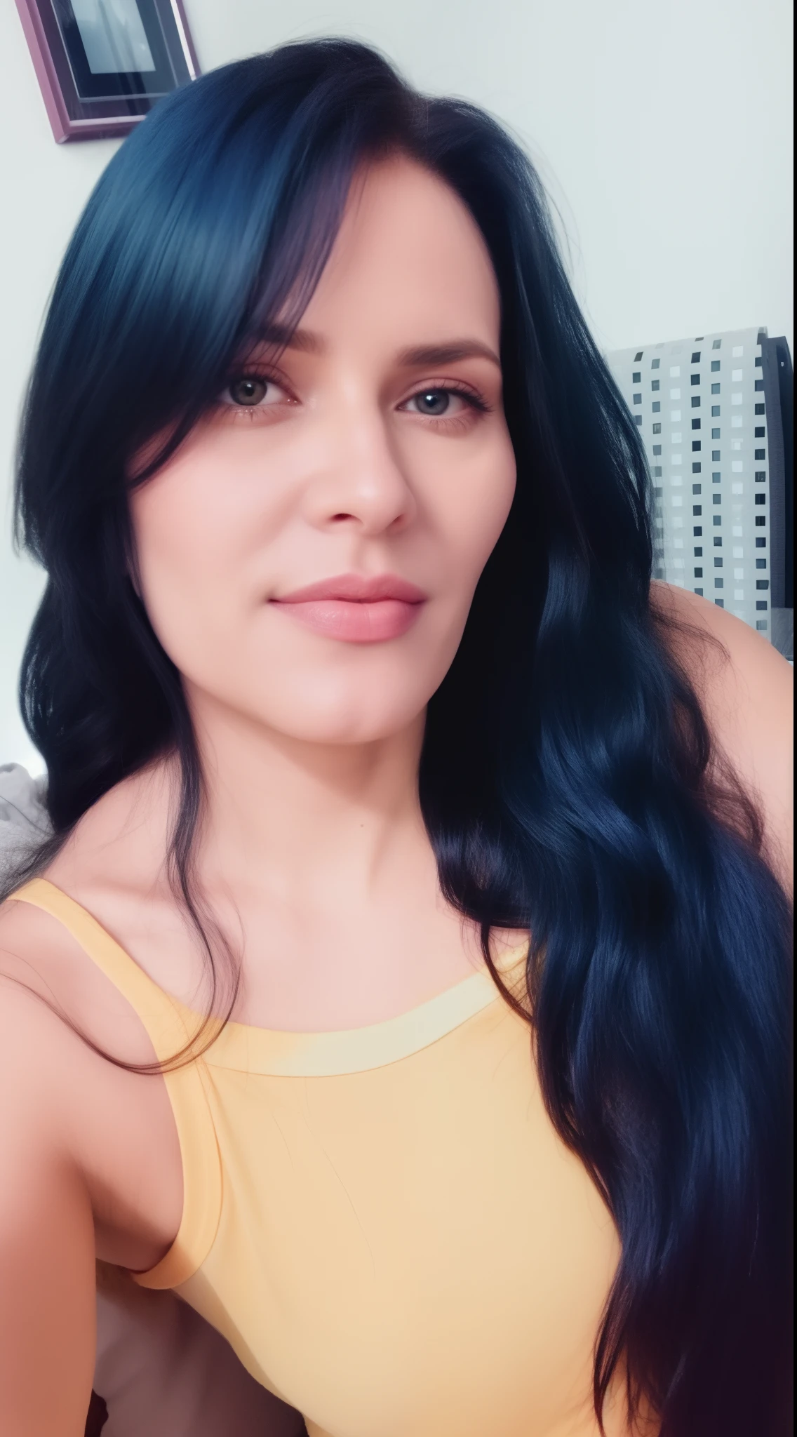 um close up de uma mulher com longos cabelos pretos vestindo uma camisa amarela, imagem de perfil, Directed by: Nandor Soldier, 3 0 anos de idade mulher, Mulher de 30 anos