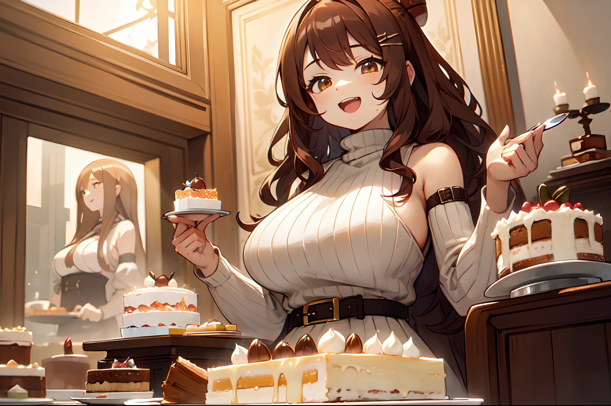 masterpiece,best quality,ultra detailed,8k,tall,big female,gigantic breasts,young,20 years old,medium hair,wavy hair,brown hair,hairclip,happy,smile,brown sweater,ribbed sweater,bare shoulders,detached sleeves,belt buckle,strapless,(huge cake:1.2),lots of cakes,(eat a cake:1.2),(chestnut cream cake:1.3),eating,open mouth,(giant chestnut cake:1.3),plate,cake,sitting,Close-up,