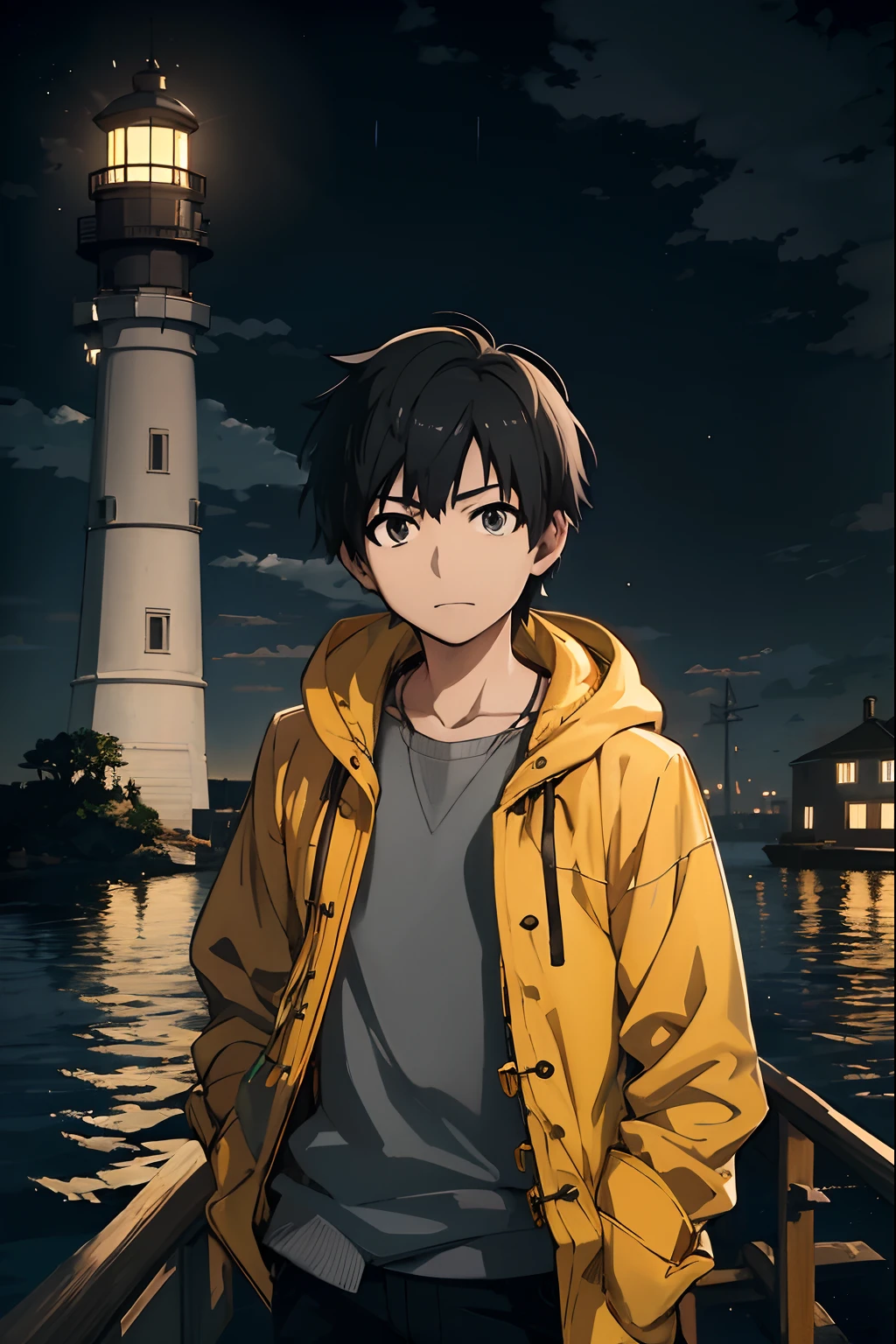 Anime boy in yellow raincoat standing on a boat in front of a lighthouse, Makoto Shinkai. digital render, Makoto Shinkai Cirilo Rolando, estilo anime 4K, estilo anime. 8k, Arte no estilo de Guweiz, Makoto Shinkai Estilo de Arte, Papel de parede anime 4k, Estilo Makoto Shinkai, 4k anime wallpapers