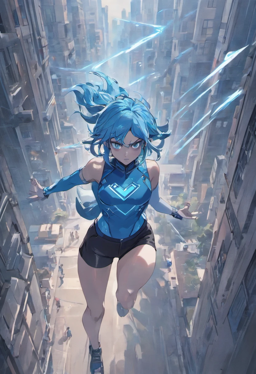 Blue eyes, teen girl, Masterpiece, Best Quality, 8K, Photographic Reality, Realistic, Octane Rendering, Bustling Urban Streets of CHicago (1 Woman: 1.4), (Only One Woman on the Screen: 1.3), (Grey Shirt), (Black Hair in Ponytail), (Black shorts), (silver teardrop pendant), (Blue Eyes) Upper Body Display (Asian-American) (Fit, Athletic, Tall, muscular, strong)(Small Breasts) (Frost Giant), (Superpowered girl)