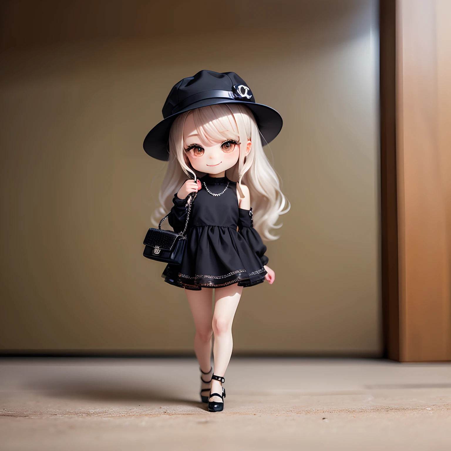 masterpiece、top-quality、ultra-detailliert、(Chibi Chara's Daughter:1.2)、brown long-haired、Brimmed black capelin hat、Mini dress with silver glitter、Black pumps、Black Chanel Bag、Full-body standing figure、A smile、