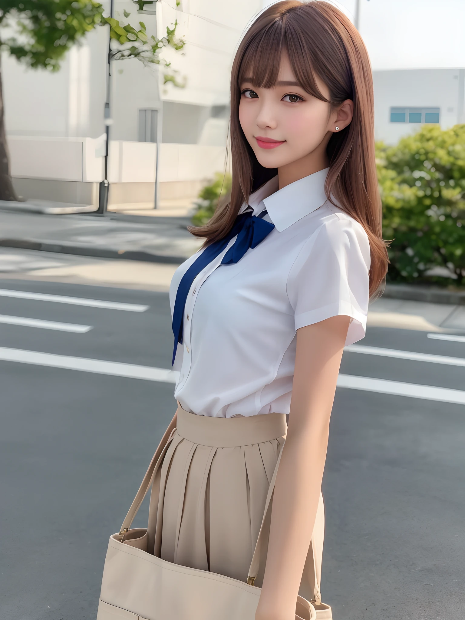 Masterpiece, upper body shot, front view, young pretty woman in Japan, 18 years old, standing in the crowd on the boulevard, a big smile with a large tote bag on her shoulder, glamorous figure, wearing a silky shirt with short sleeves white collar and a shiny red satin plain bow tie, wearing a long length dark blue pleated skirt, super cute face, shiny lips, double eyelids for both eyes, natural makeup, shiny smooth light brown hair of long bob hair, asymmetrical bangs, tanned skin, center image, 8K resolution, high resolution, detailed hairstyle, detailed face, spectacular movie lighting, octane rendering, vibrant, ultra-realistic, perfect limbs, perfect anatomy