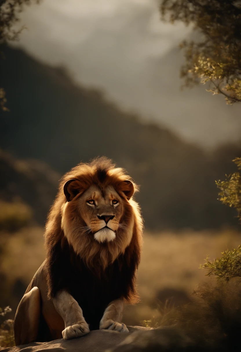 Lion with golden crown sticking out a gorgeous glow from the crown on a mountain and sheep around it