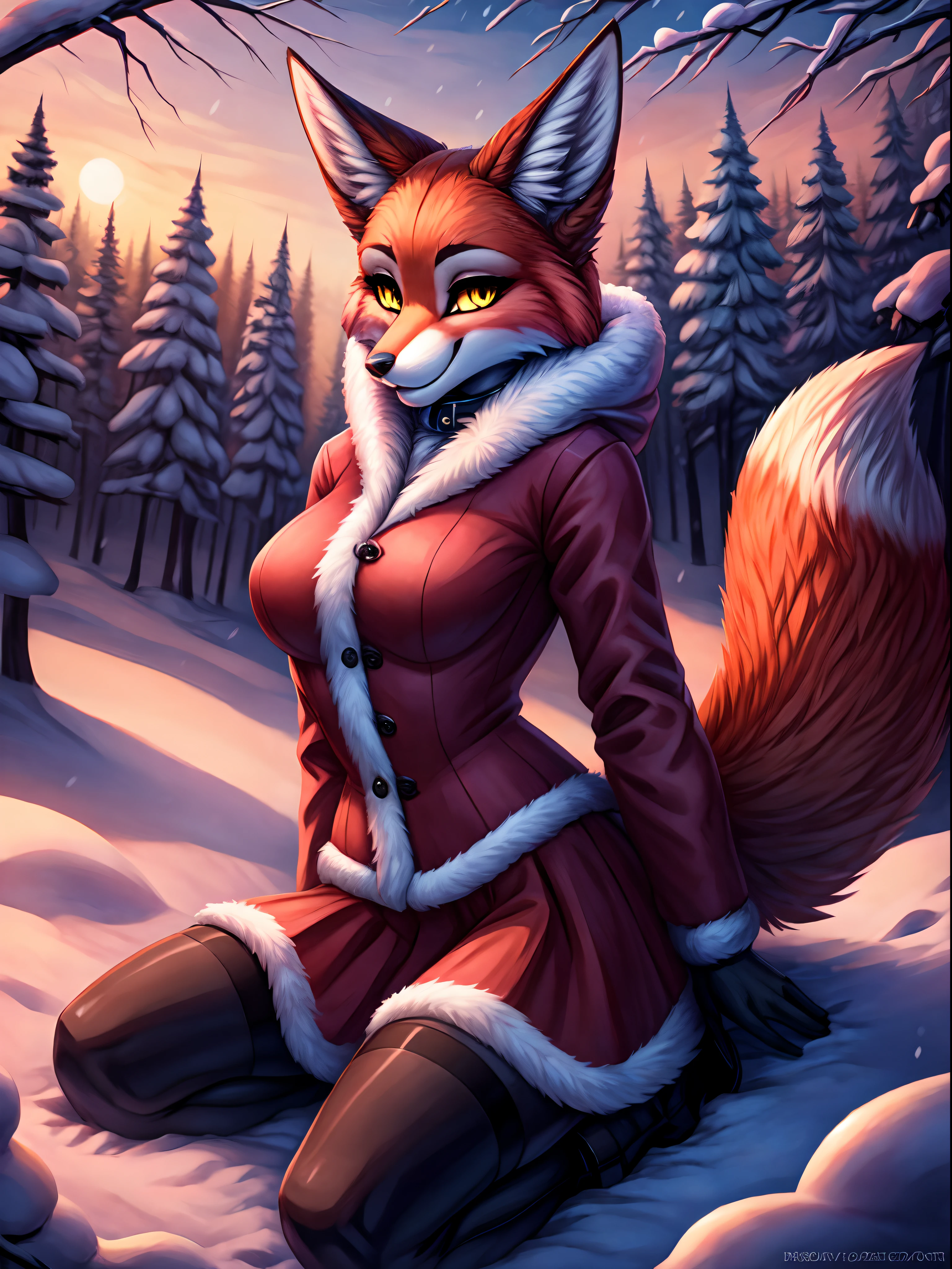 by fluff-kevlar, by ouka, by Kilinah, (((woman, breasts, antrum, extremely detailed, extremely detailed legs, extremely detailed arms, extremely detailed face, perfectly detailed eyes, perfectly detailed anatomy))): 1.2, beautiful and detailed portrait of an anthropomorphic vixen ((female))), anthro, female, red fox, high definition, good anatomy, orange fur, orange body, simple background, highly detailed face, deep yellow iris, yellow eyes, short hair, red hair, long hair, speech bubble, heart, hearts, dark lighting, moody lighting, full body, sexy body, slanky body, sexy face, nice, hot, cute, pawpads, paws, showing feet, presenting paws, sitting, snow, blushing, friendly smile, smile, friendly, elegant, alluring, beautiful, magical fire, blue ghost fire, firfire kitsunebi, thigh highs, yukata