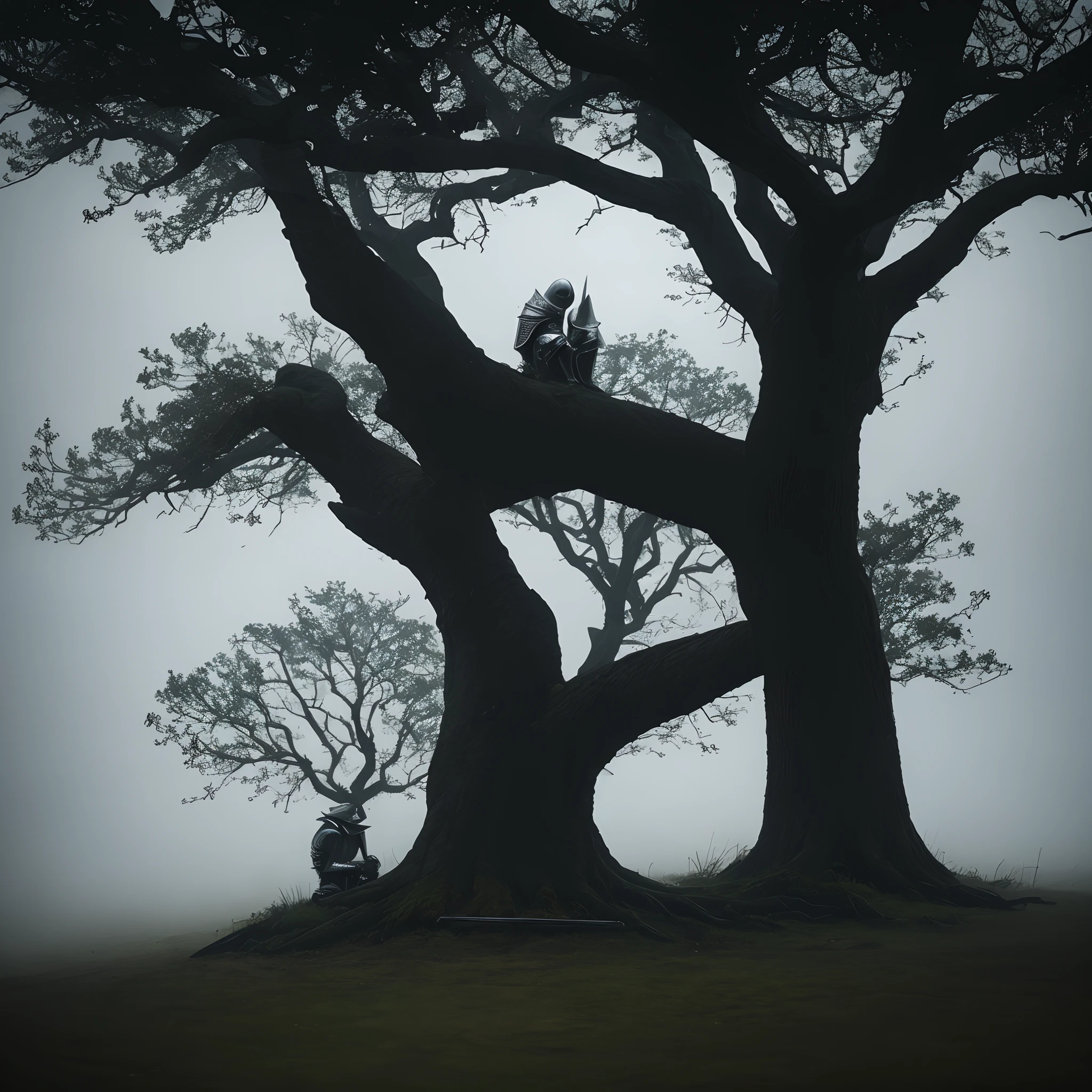 Injured Knight hiding from a skeleton mage behind tree in a dark and foggy weather