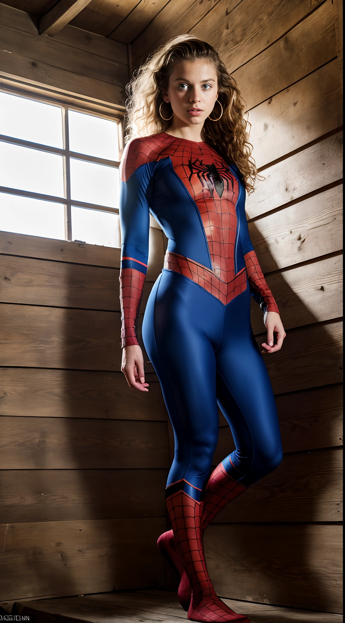 ((Pre-teen)), beautiful girl, model body, big blue eyes, small breasts, long legs, medium hoop earrings, dressed in Spiderman uniform, shot from below, very white skin, long hair, wavy hair , blonde hair, cabin in the woods, photorealistic, Indirect lighting, volumetric light, ray tracing, hyper-detailed, best quality, ultra-high resolution, HDR, 8k, dynamic pose:1.3