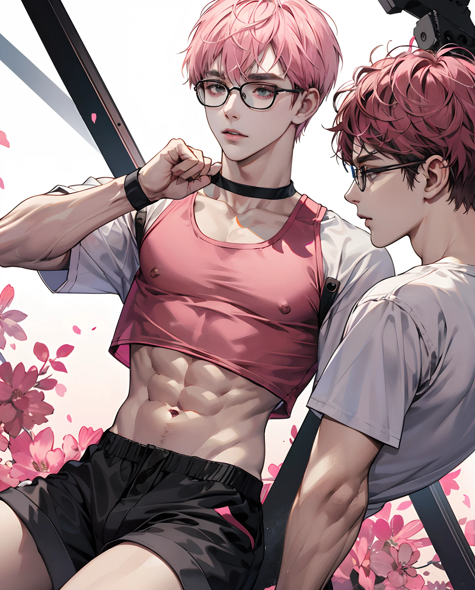 Pale male with short pink hair, toned body, glasses, croptop