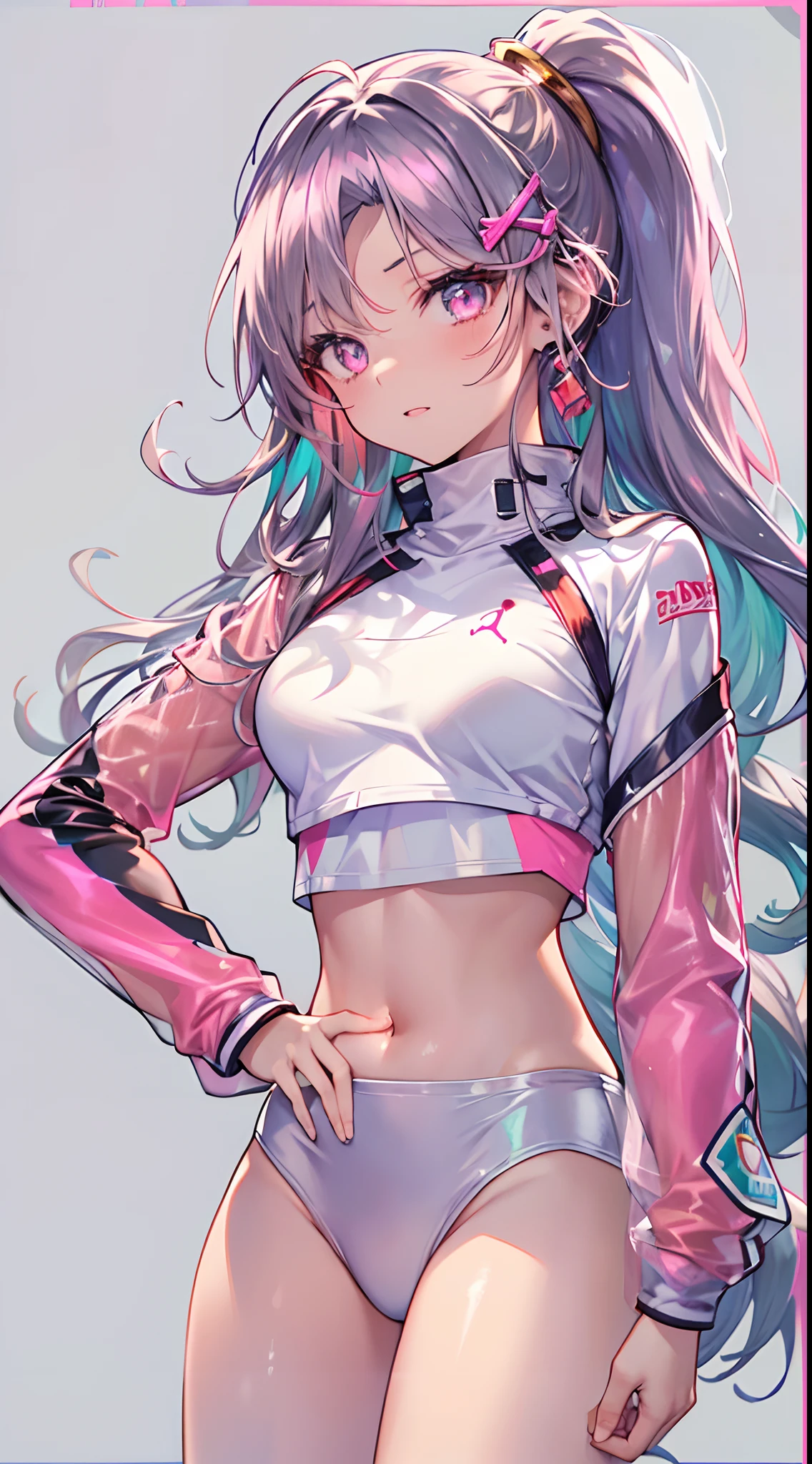 ((Masterpiece)), best quality, absurderes, ultra detailed, holographic, cowboy shot, golden ratio, super cute girl, mature girl, idol girl, super beautiful asian girl with very beautiful violet glowing eyes, beautiful glowing brown multicolored hair, high ponytail, nice and sexy body, slim body, perfect body, wearing a super tight anime printed leotard, an anime printed super tight off shoulder long sleeve crop top, a super aesthetic transparent mini jacket, beautiful hair ornament, pink jordan tennis,