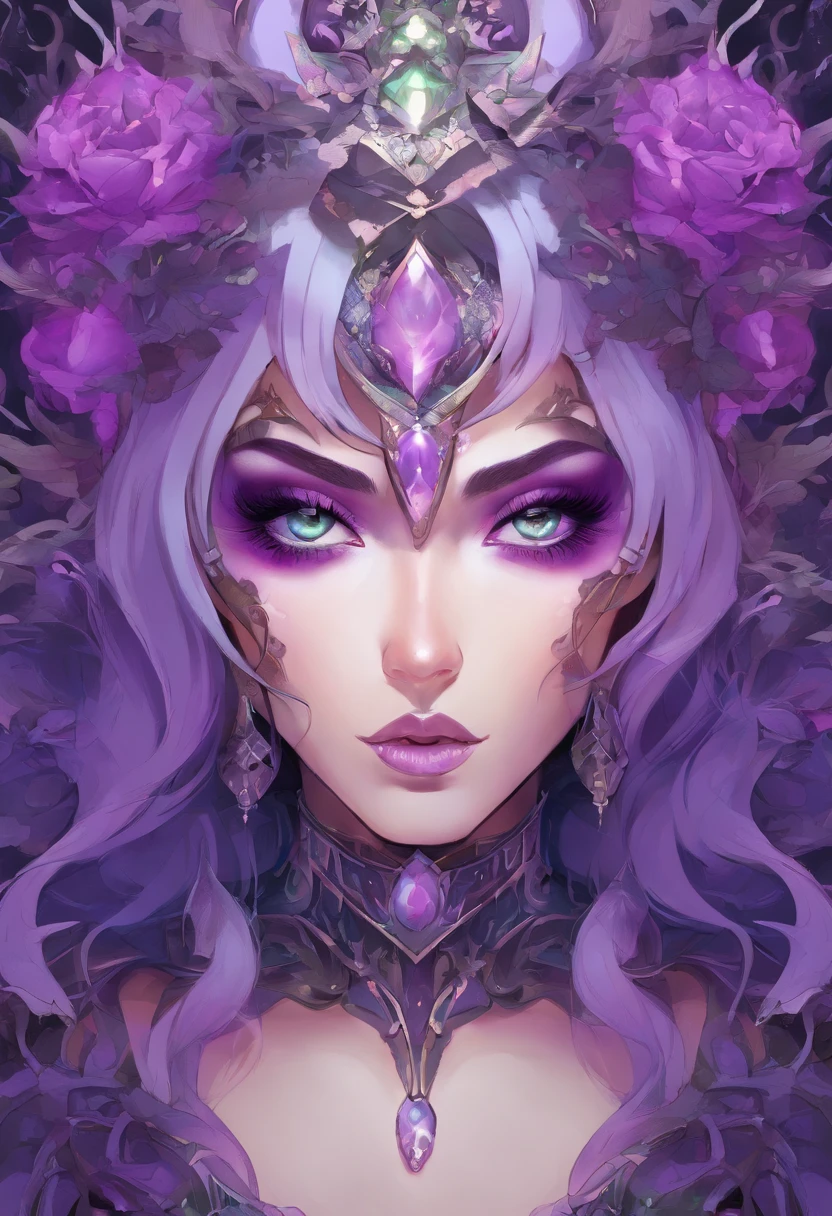 a close up of a woman in a costume with purple hair and purple glowing eyes, glowing green pumpkins, lois van baarle and rossdraws, artgerm and lois van baarle, artgerm and rossdraws, rossdraws cartoon vibrant, beautiful succubus, ross tran style, rossdraws 2. 5, inspired by Ross Tran, halloween art style, extremely detailed artgerm