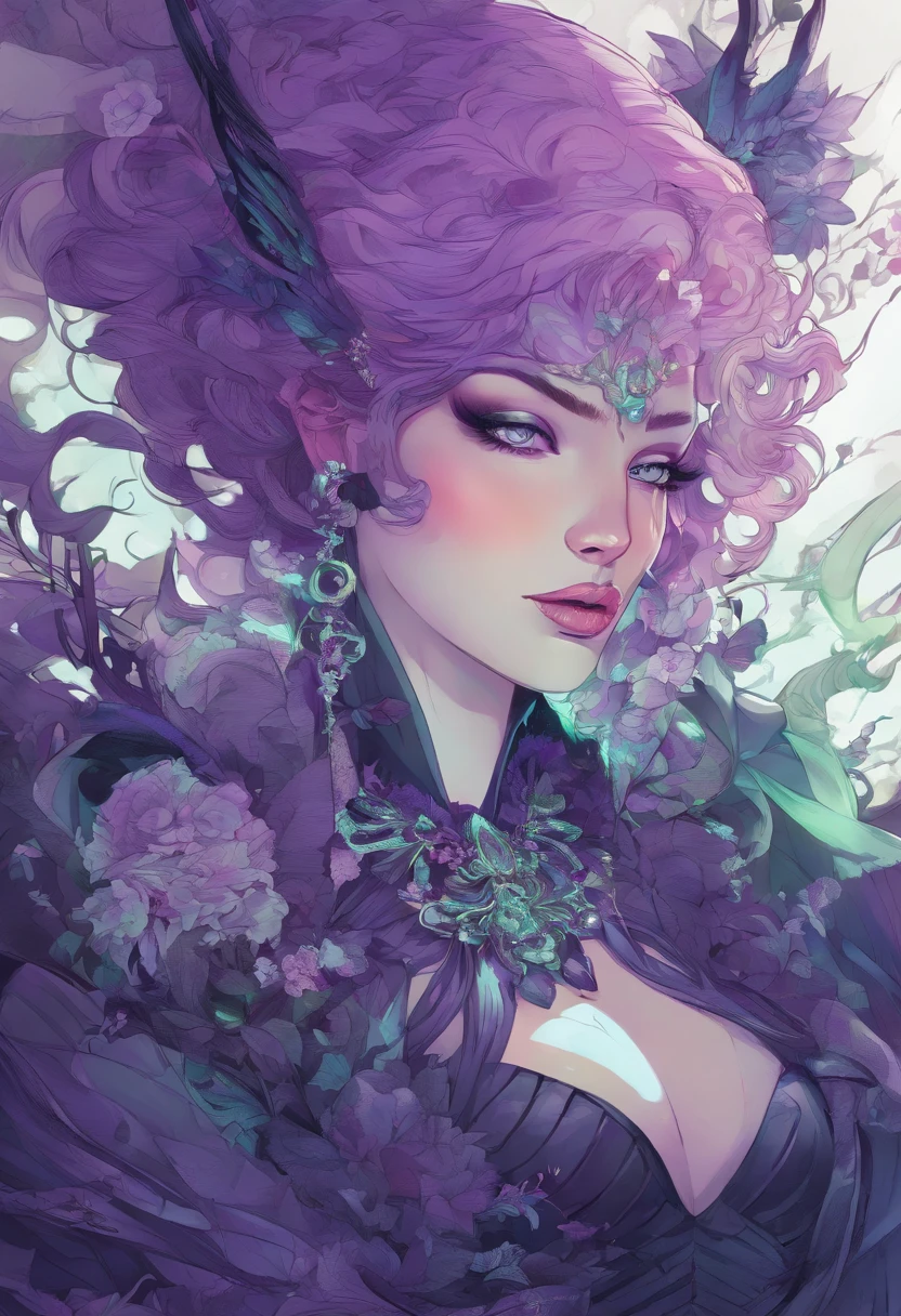 a close up of a woman in a costume with purple hair and purple glowing eyes, glowing green pumpkins, lois van baarle and rossdraws, artgerm and lois van baarle, artgerm and rossdraws, rossdraws cartoon vibrant, beautiful succubus, ross tran style, rossdraws 2. 5, inspired by Afrobull, halloween art style, extremely detailed artgerm