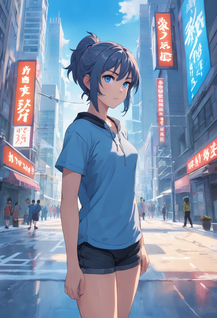 Blue eyes, , Masterpiece, Best Quality, 8K, Photographic Reality, Realistic, Octane Rendering, Bustling Urban Streets of CHicago (1 Woman: 1.4), (Only One Woman on the Screen: 1.3), (Grey Shirt), (Black Hair in Ponytail), (Black shorts), (silver teardrop pendant), (Blue Eyes) Upper Body Display (Asian-American) (Fit, Athletic, Tall, muscular, strong)(Small Breasts) (Frost Giant), (Superpowered girl)