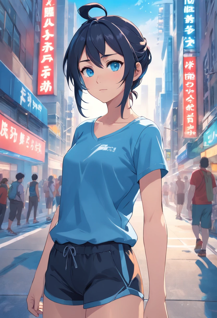 Blue eyes, teen girl, Masterpiece, Best Quality, 8K, Photographic Reality, Realistic, Octane Rendering, Bustling Urban Streets of CHicago (1 Woman: 1.4), (Only One Woman on the Screen: 1.3), (Grey Shirt), (Black Hair in Ponytail), (Black shorts), (silver teardrop pendant), (Blue Eyes) Upper Body Display (Asian-American) (Fit, Athletic, Tall, muscular, strong)(Small Breasts) (Frost Giant), (Superpowered girl)