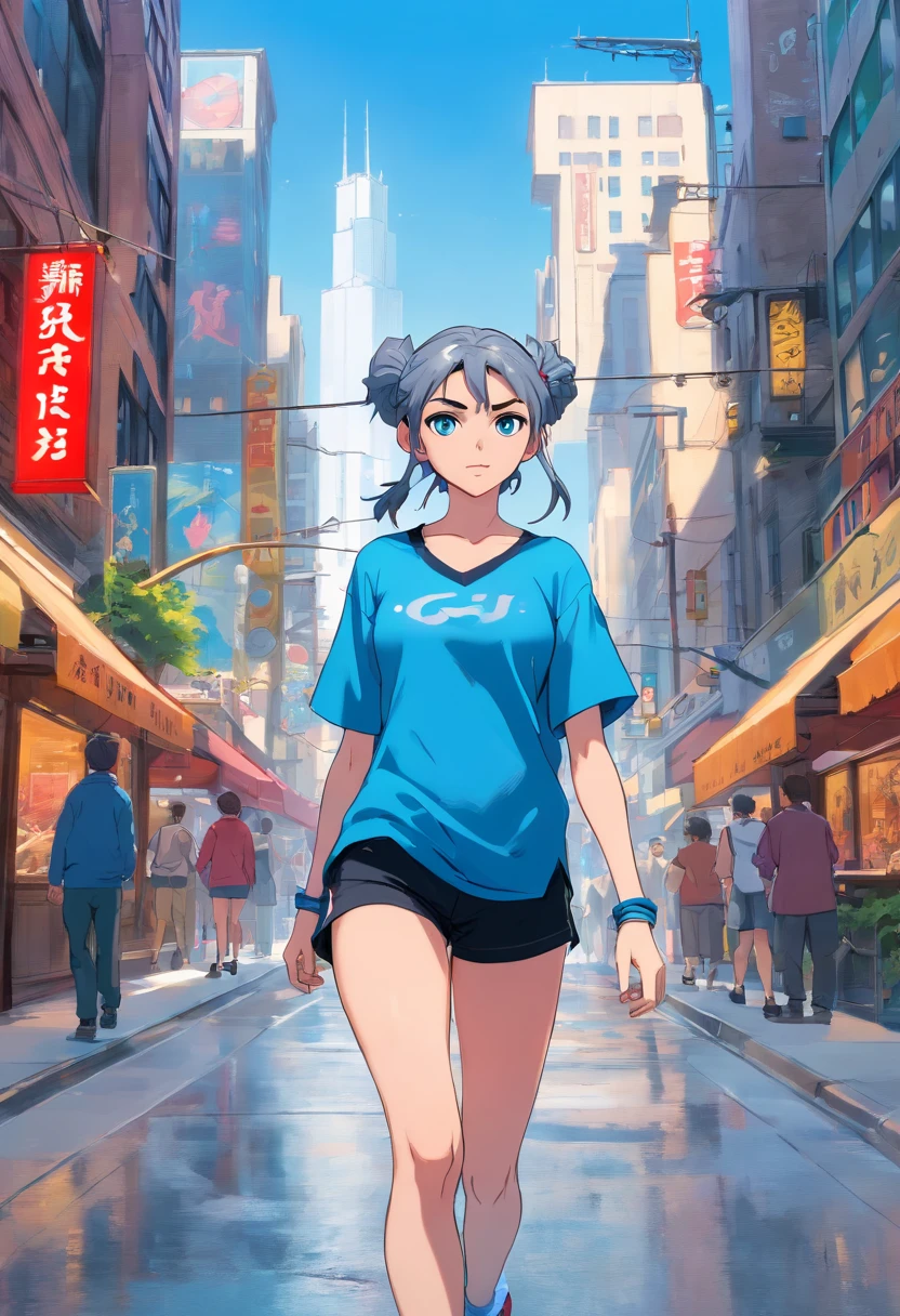 Blue eyes, girl, Masterpiece, Best Quality, 8K, Photographic Reality, Realistic, Octane Rendering, Bustling Urban Streets of CHicago (1 Woman: 1.4), (Only One Woman on the Screen: 1.3), (Grey Shirt), (Black Hair in Ponytail), (Black shorts), (silver teardrop pendant), (Blue Eyes) Upper Body Display (Asian-American) (Fit, Athletic, Tall, muscular, strong)(Small Breasts) (Frost Giant), (Superpowered girl)