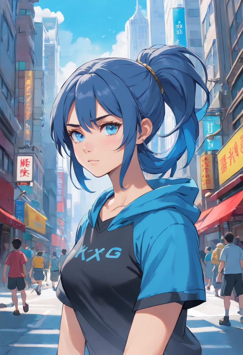 Blue eyes, teen girl, Masterpiece, Best Quality, 8K, Photographic Reality, Realistic, Octane Rendering, Bustling Urban Streets of CHicago (1 Woman: 1.4), (Only One Woman on the Screen: 1.3), (Grey Shirt), (Black Hair in Ponytail), (Black shorts), (silver teardrop pendant), (Blue Eyes) Upper Body Display (Asian-American) (Fit, Athletic, Tall, muscular, strong)(Small Breasts) (Frost Giant), (Superpowered girl)