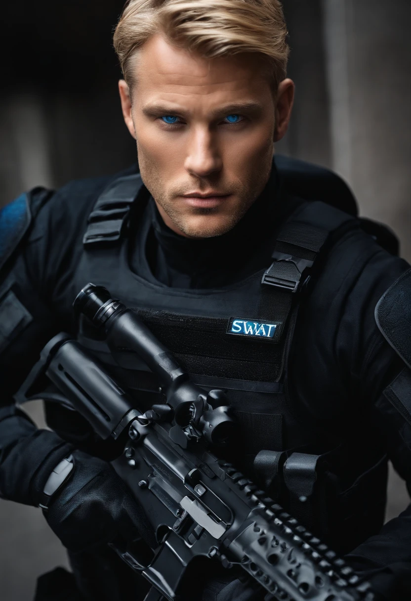 An adult man with blond hair and blue eyes wearing a black SWAT suit