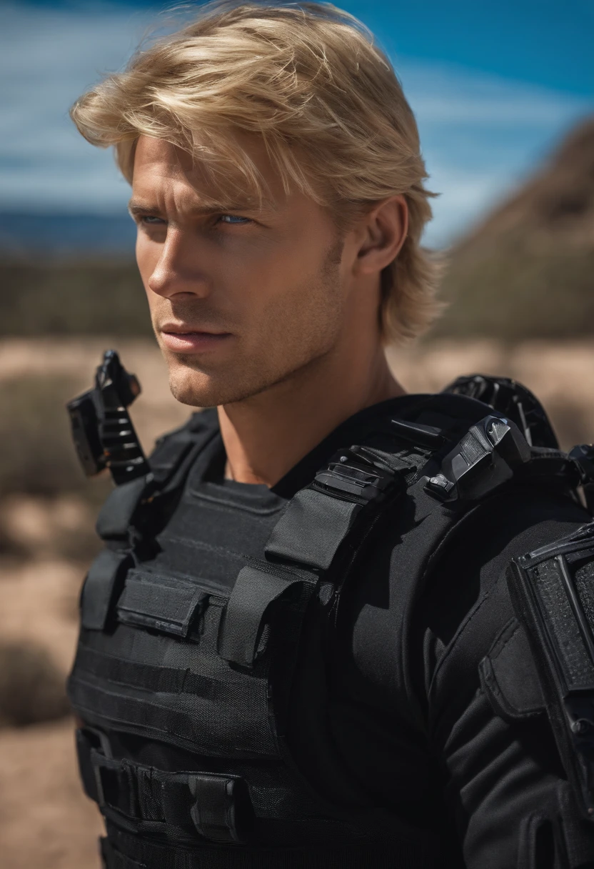 An adult man with blond hair and blue eyes wearing a black SWAT suit