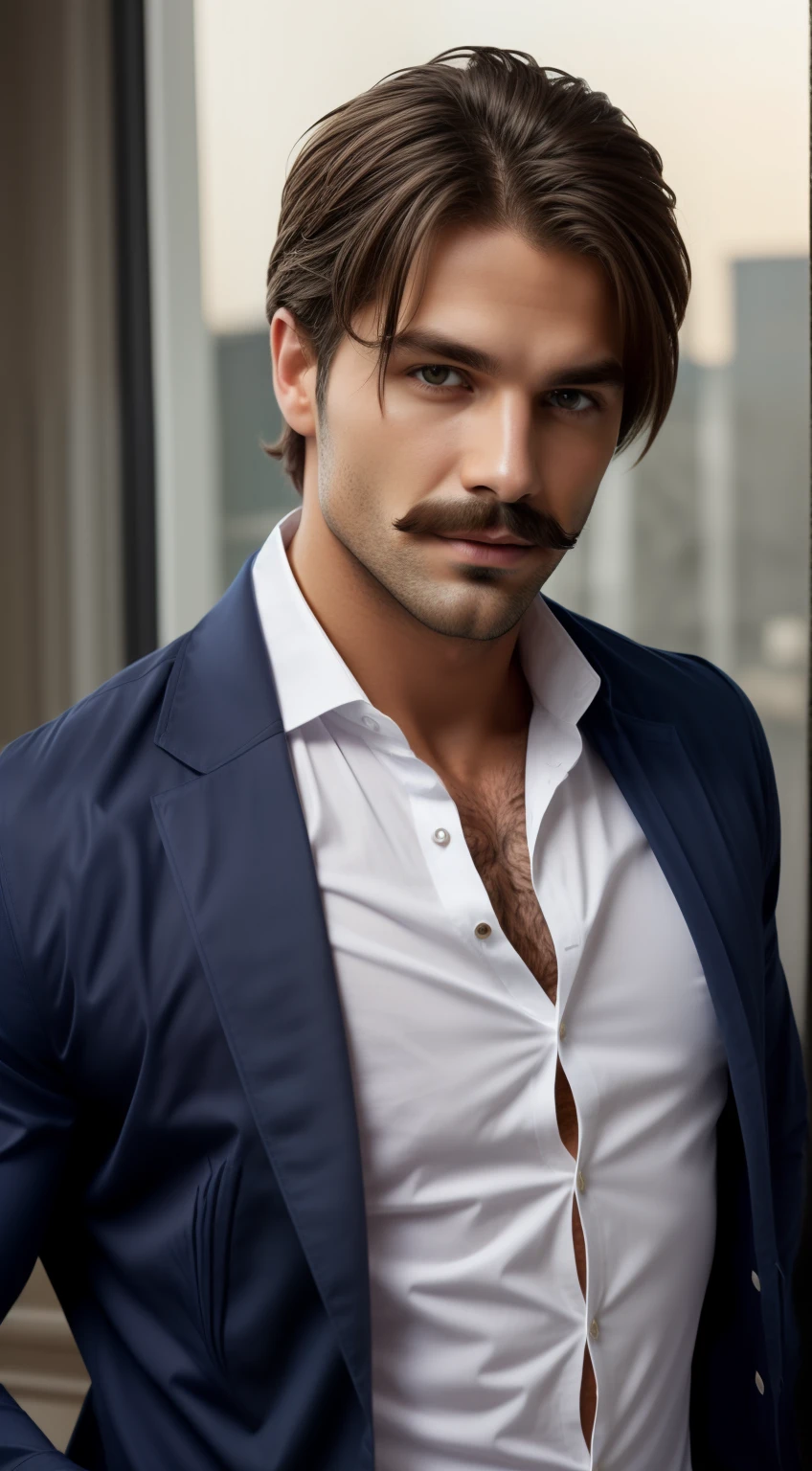 Completely ripped opened shirt, hairy bare chest, mustache