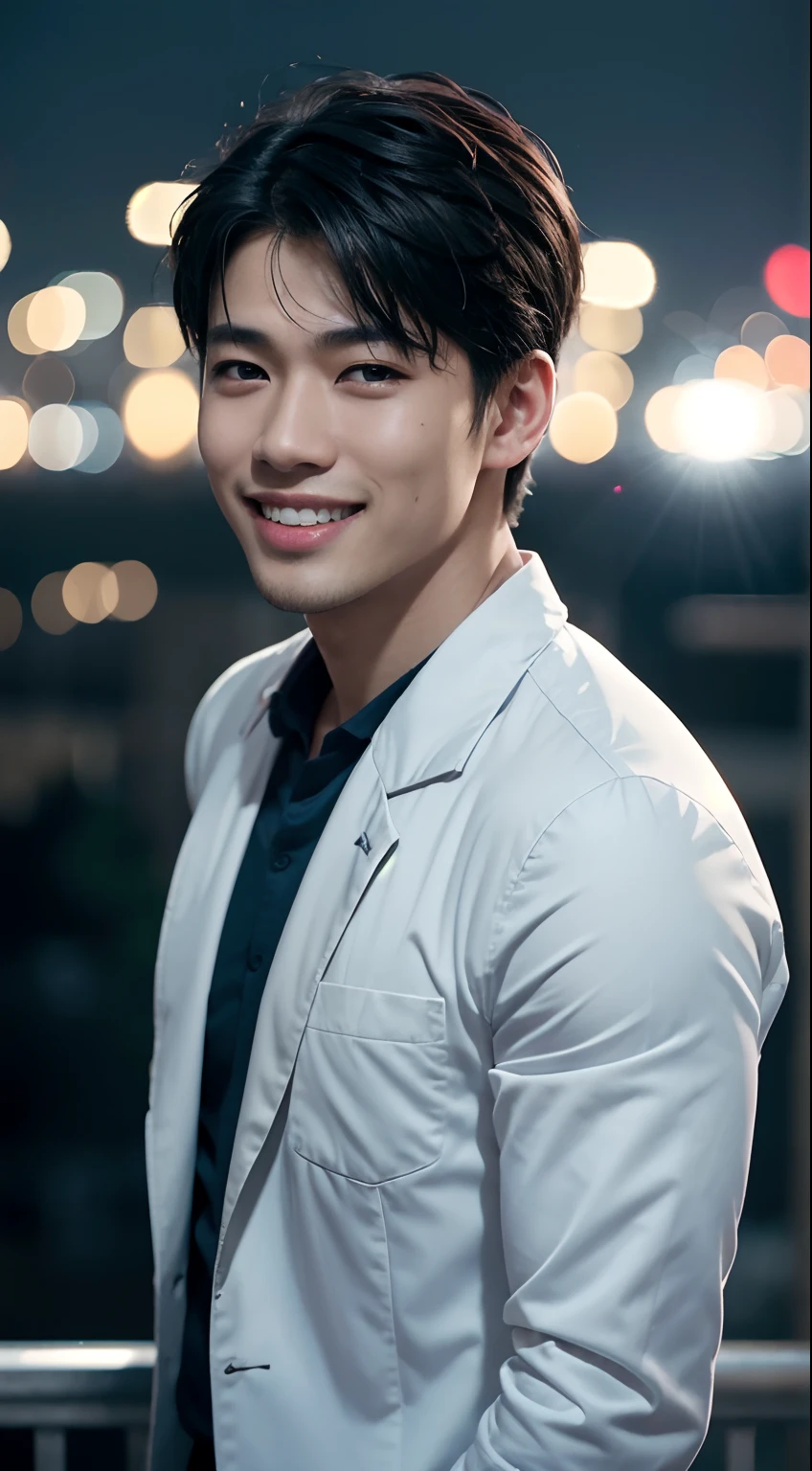 8k, masterpiece, RAW photo, best quality, photorealistic, extremely detailed CG unity 8k wallpaper, Depth of field, Cinematic Light, Lens Flare, Ray tracing, (ultra detailed skin)) 1handsome guy, in the dark, deep shadow, charming Asian boy, idol, ((looking at viewer)),(big smile:1.3), (cityscape, blurry background), (dim lights, rooftops, veranda)