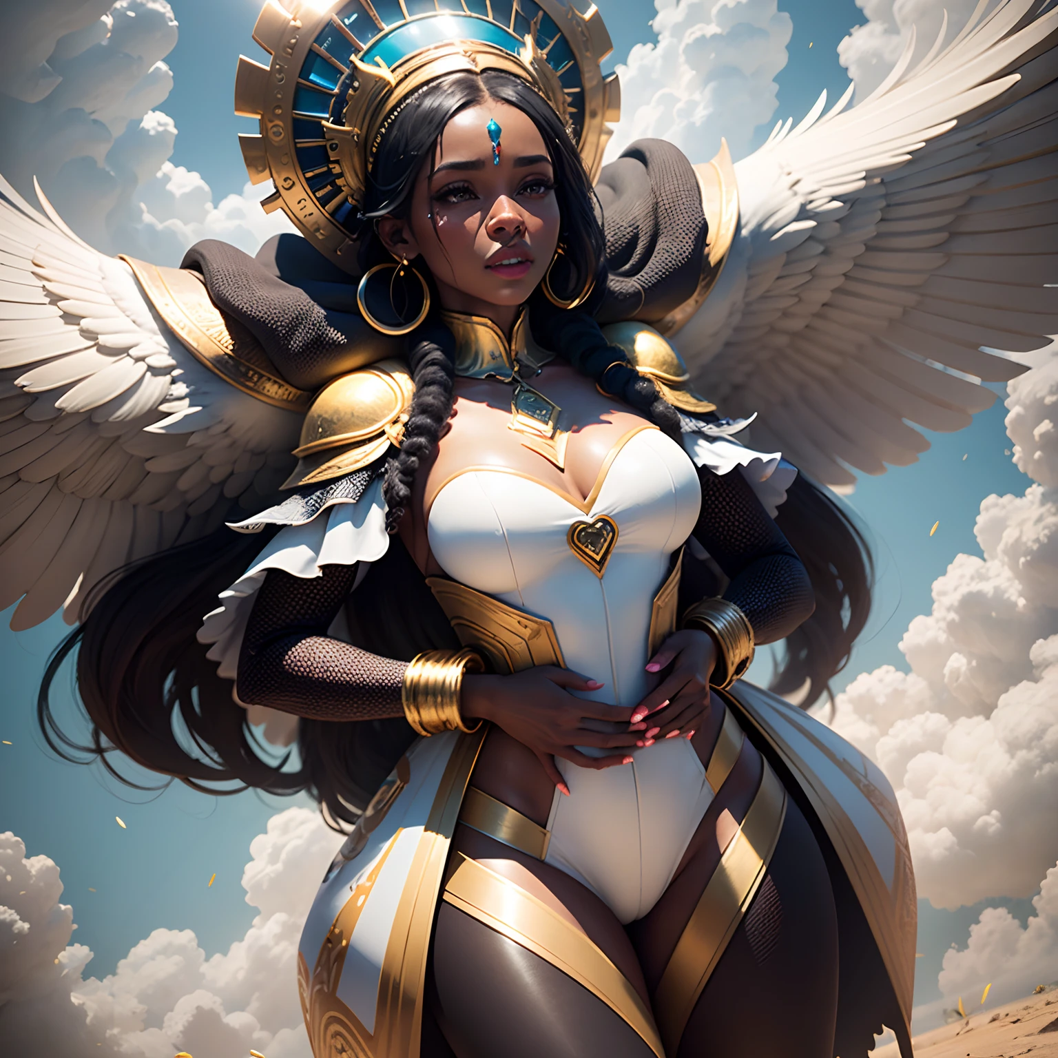 Giant African goddess in the sky among the clouds,  spreading heart shaped sprinkles to a couple on earth of a black man and black woman hugging,  white scene full of white and golden furniture, bright and vibrant sunlight shining, with iridescent light, cinematic lighting, artgerm style, 32k, ultra HD, unreal engine rendered, hyper-realistic image,  octane 3d rendering --auto --s2