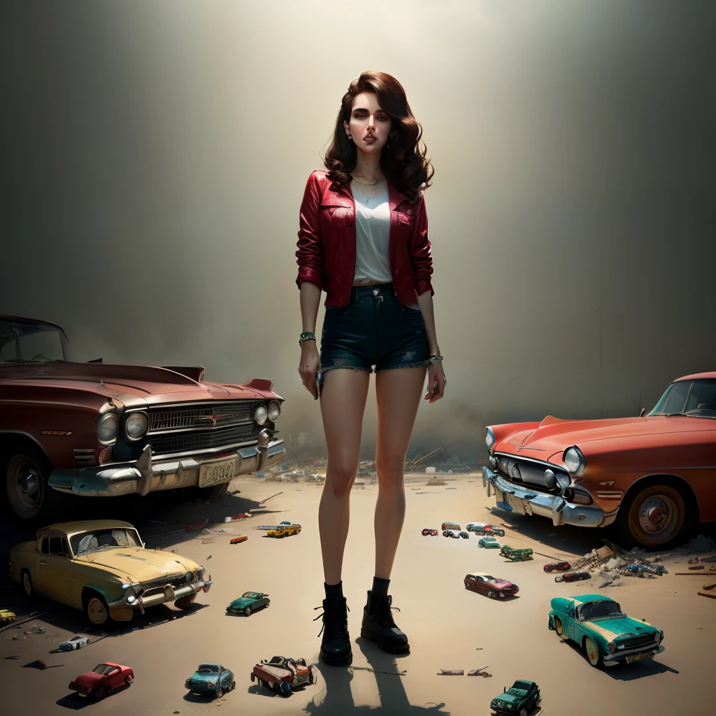 Lana del Rey standing on a pile of broken toy cars