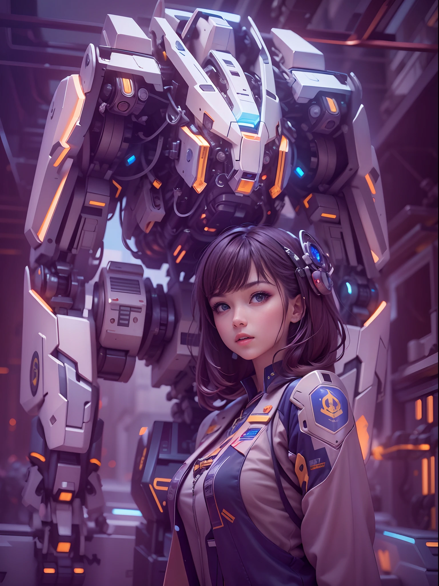 (Best quality,A high resolution,Masterpiece:1.2),Beautiful mech girl portrait,There was a huge transformer behind her,globalillumination