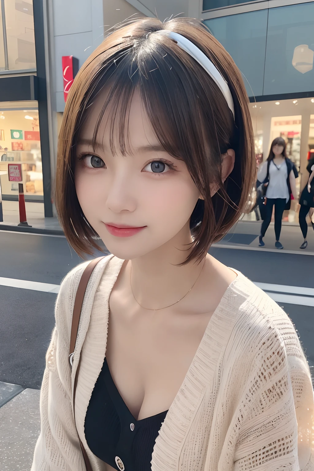 masutepiece, Best Quality, Illustration, Ultra-detailed, finely detail, hight resolution, 8K Wallpaper, Perfect dynamic composition, Beautiful detailed eyes, Women's Fashion,Very short hair,Natural Color Lip, Bold sexy poses,Smile,Harajuku、20 years girl、Cute、Sexy shot looking at camera