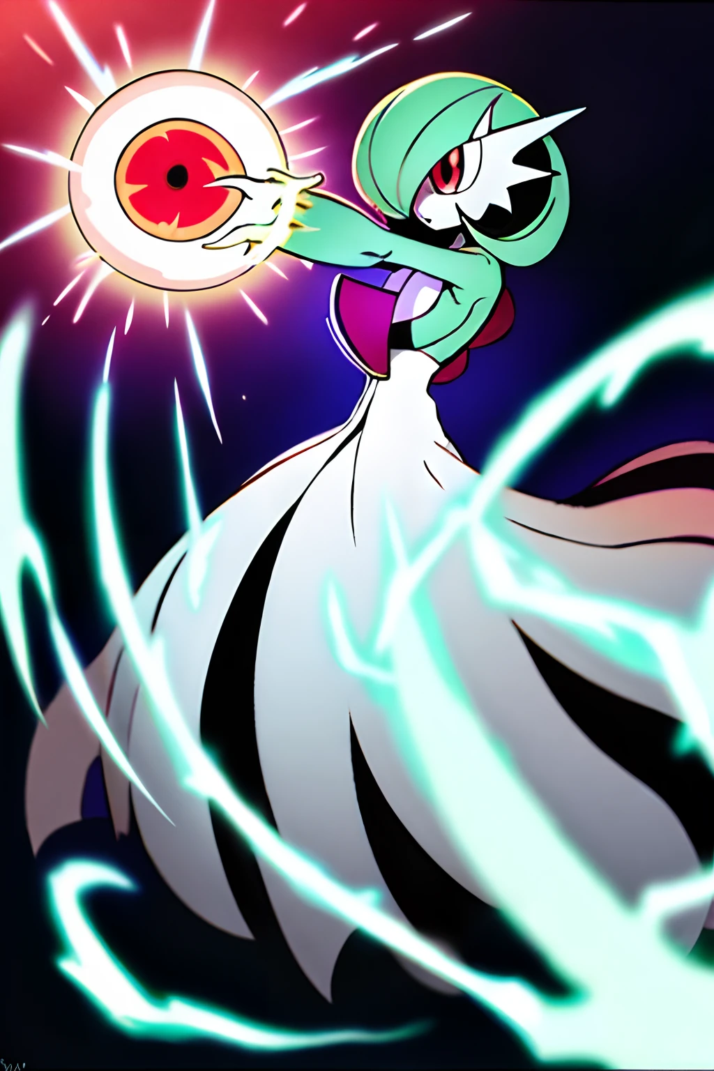 best quality, master part, Cinematic lighting, intricate, cinematic detailed realistic background, Detailed face, full body, Realistic, Bright line, volumetric Lighting, , 1 girl, red eyes, green hair, white dress, in battle pose charging a purple energy attack sphere-shaped, Gardevoir, Pokémon (creature)