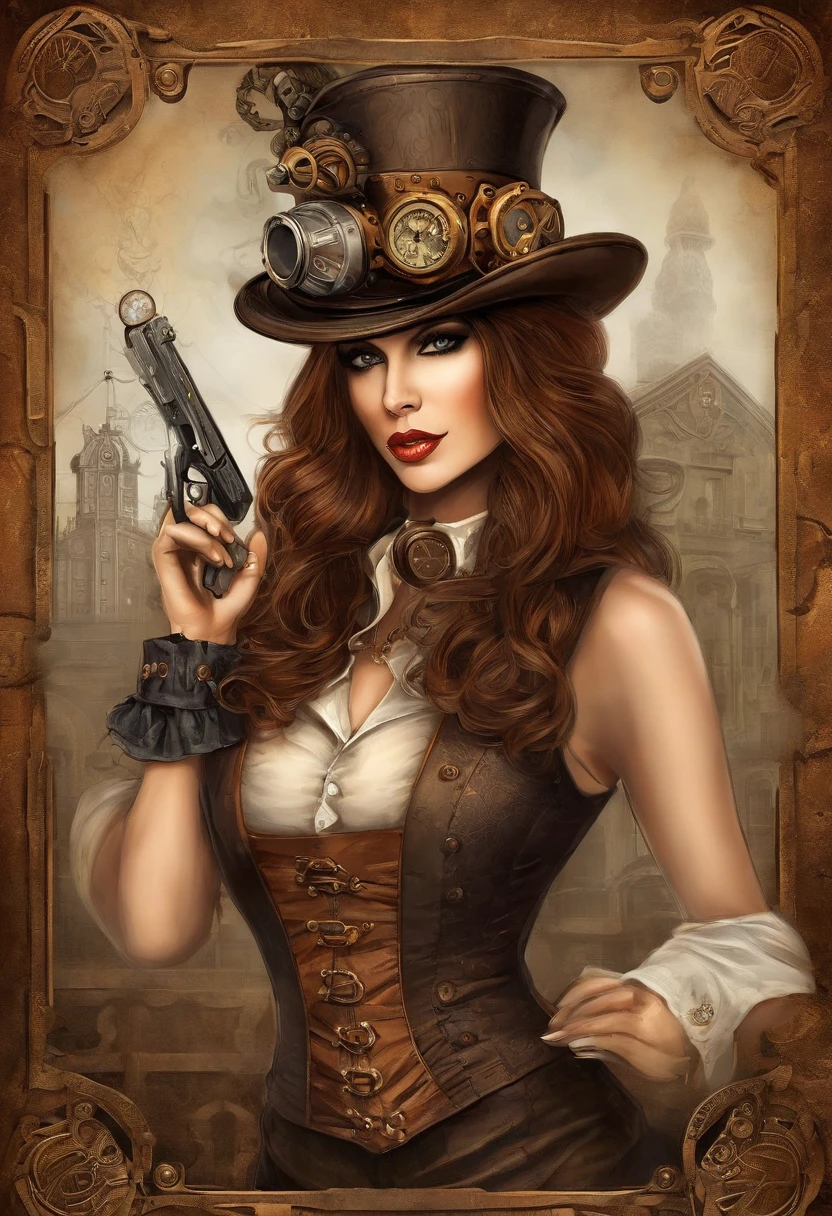 There's a woman wearing a Steam Punk hat and holding a gun.., menina Steampunk, usando trajes Steampunk, menina inventora steampunk, (Steampunk), ( Steampunk ), estilo steampunk, Steam-punk, Steampunk Fiction, steampunk aesthetic, uma deusa Steampunk bonita, steampunk mulher anime bonita, Steampunk, fantasia Steampunk, estilo de fantasia steampunk, arte steampunk, arte digital steampunk, roupas Steampunk