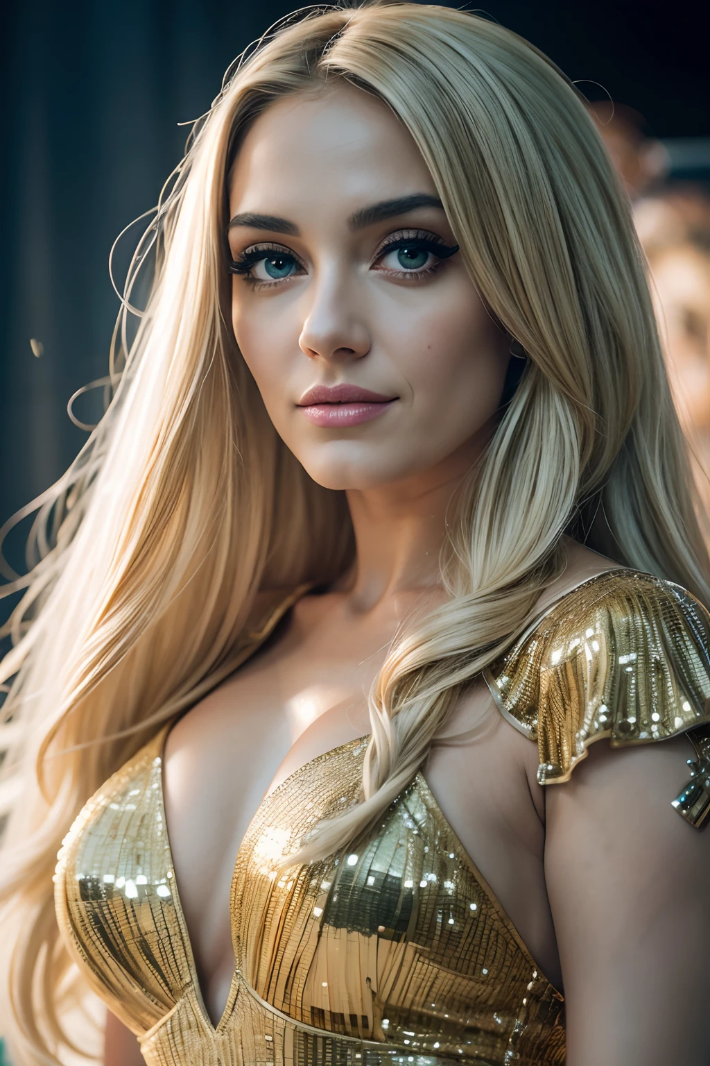 '(melhor qualidade,4k,8k,Altas,master part:1.2),retrato,retrato de corpo inteiro,belos olhos detalhados,beautiful detailed lips,cantora sensual,performance no palco,microfone,concerto,cores vibrantes,stage lighting,Suporte de microfone,foco em Adele,emotional expression,dynamic pose,Audience Engagement,dramatic atmosphere,Flowing dress,holofote dourado,profissional,performance hipnotizante'A Adele cantora ,linda corpo inteiro , LIGHT BLONDE HAIR Captivating appearance,olhos verdes,Smiling lips,olhar apaixonado,terno sedutor de mulher corpo inteiro,modelo de passarela,1.8m de altura,cabelo amarrado ,com traje futurista BRANCO BRILHO ,