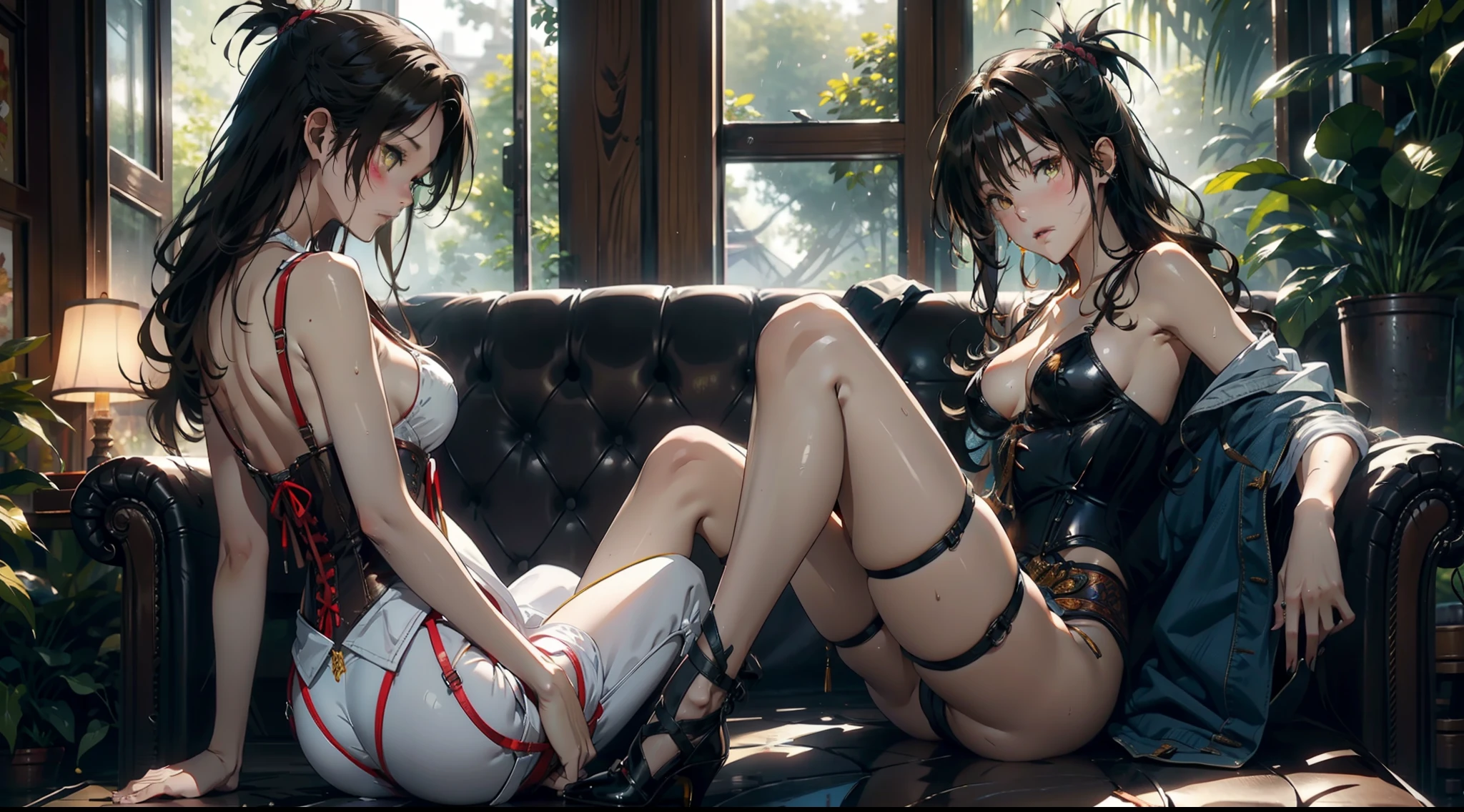 1female,,Slim,熟妇,mium cleavats Thin wenderlegs,Pornographic exposureyuuki mikan, brown hair, yellow eyes, hair ornaments, long hair, topknot, wavy hair, small breastsmedium breasts,(weaellow corset, belt, high heels), looking at viewer,(Background with:ln the forest,the rainforest,in summer,standing on your feet,Sweat profusely,drenched all over the body,seen from the front, hair straight, mostly cloudy sky,(((tmasterpiece),(Very detailed CG unity 8K wallpaper),best qualtiy,cinmatic lighting,detailed back ground,beatiful detailed eyes,Bright pupils,(Very fine and beautiful),(Beautiful and detailed eye description),ultra - detailed,tmasterpiece,)),facing at camera,(Full body photo),Show shoes,A high resolution,ultra - detailed),revealing breasts, Bulge,legs are open,Raised sexyd complexion,Open-mouthed,frontage,f body