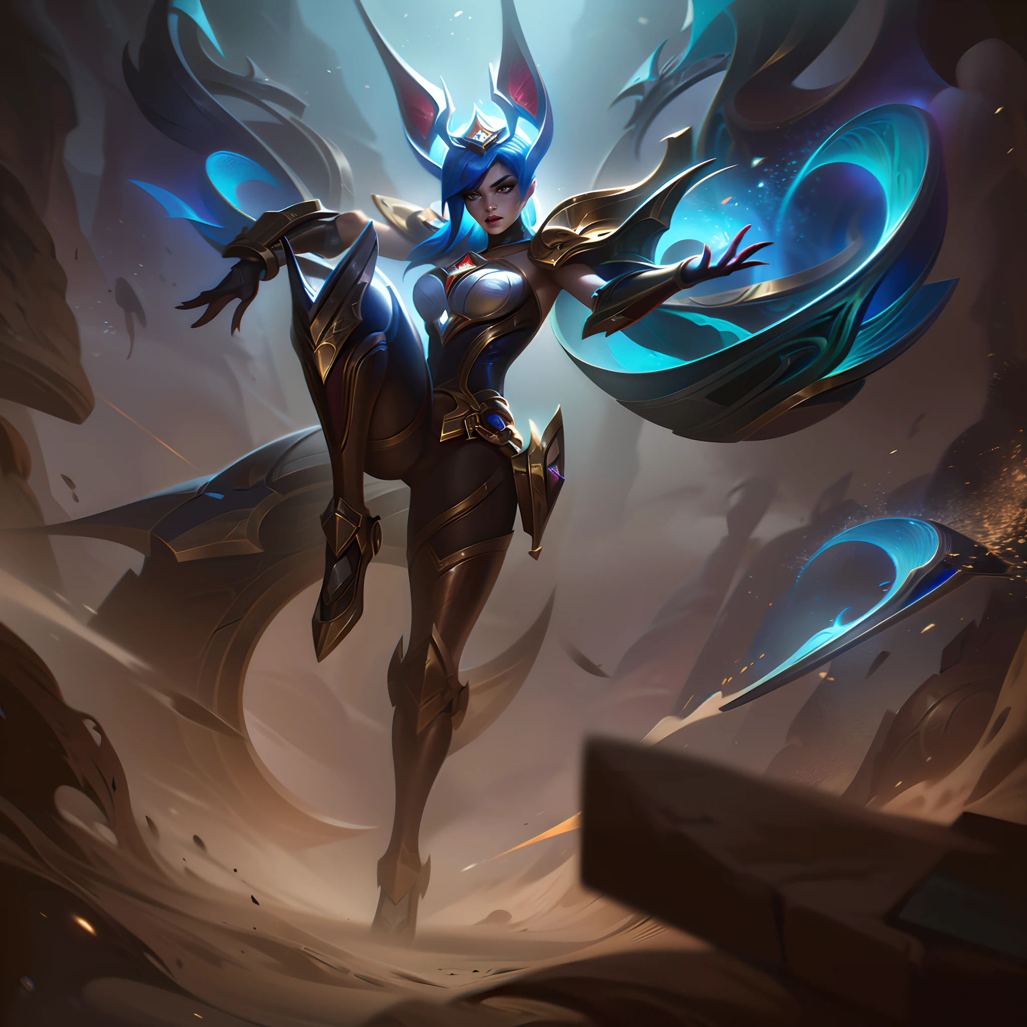 Sands of the Desert: A striking artwork depicting Thakysha, the Desert Bunny, a champion from League of Legends. This digital illustration showcases her in a dynamic pose, wielding her massive sword with confidence. The art style draws inspiration from steampunk aesthetics, blending mechanical elements with the desert theme. Thakysha is surrounded by swirling sandstorms, creating a dramatic atmosphere. The image should have a painterly style, combining bold brushstrokes with intricate details. The camera angle is slightly tilted, adding a sense of action and movement. Rendered with vibrant colors and textures, this artwork will capture the attention of League of Legends fans and art enthusiasts alike. Resolution: 4K. Art inspirations: Check out ArtStation for League of Legends fan art or steampunk-inspired illustrations.